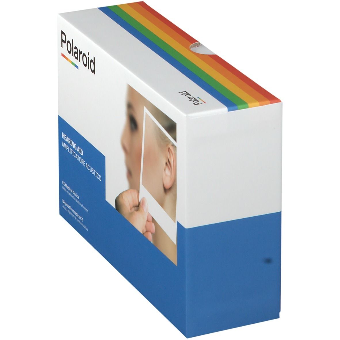 Scatola Polaroid, angolata. Scritta: Amplificatore acustico, CE. Immagine: orecchio con apparecchio.
