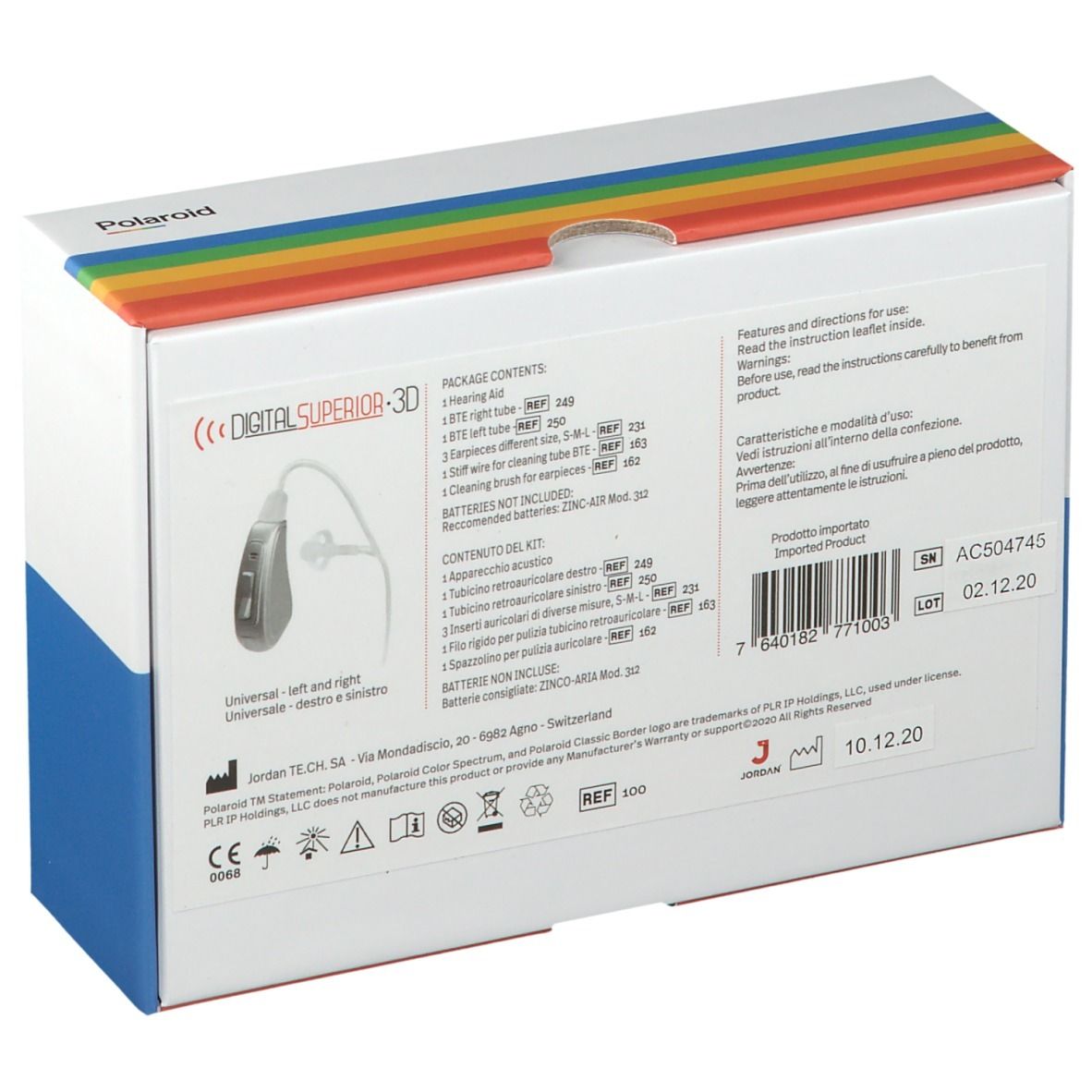 Retro scatola Polaroid. Testo: Contenuto, batterie, marchio CE, importatore.