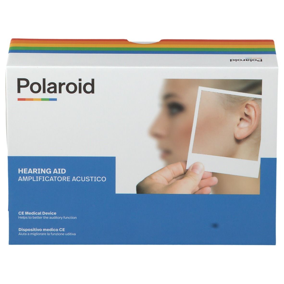 Scatola Polaroid. Scritta: Amplificatore acustico, CE. Immagine: orecchio con apparecchio.