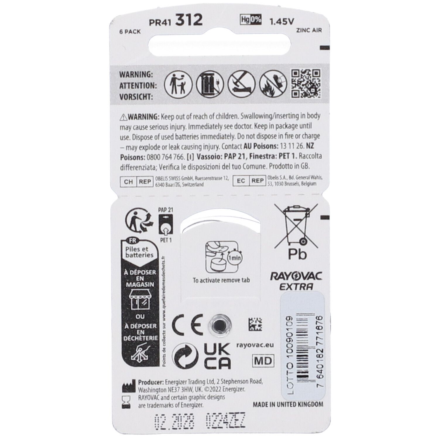Rayovac Zinco Ario Mod 312 6Pz