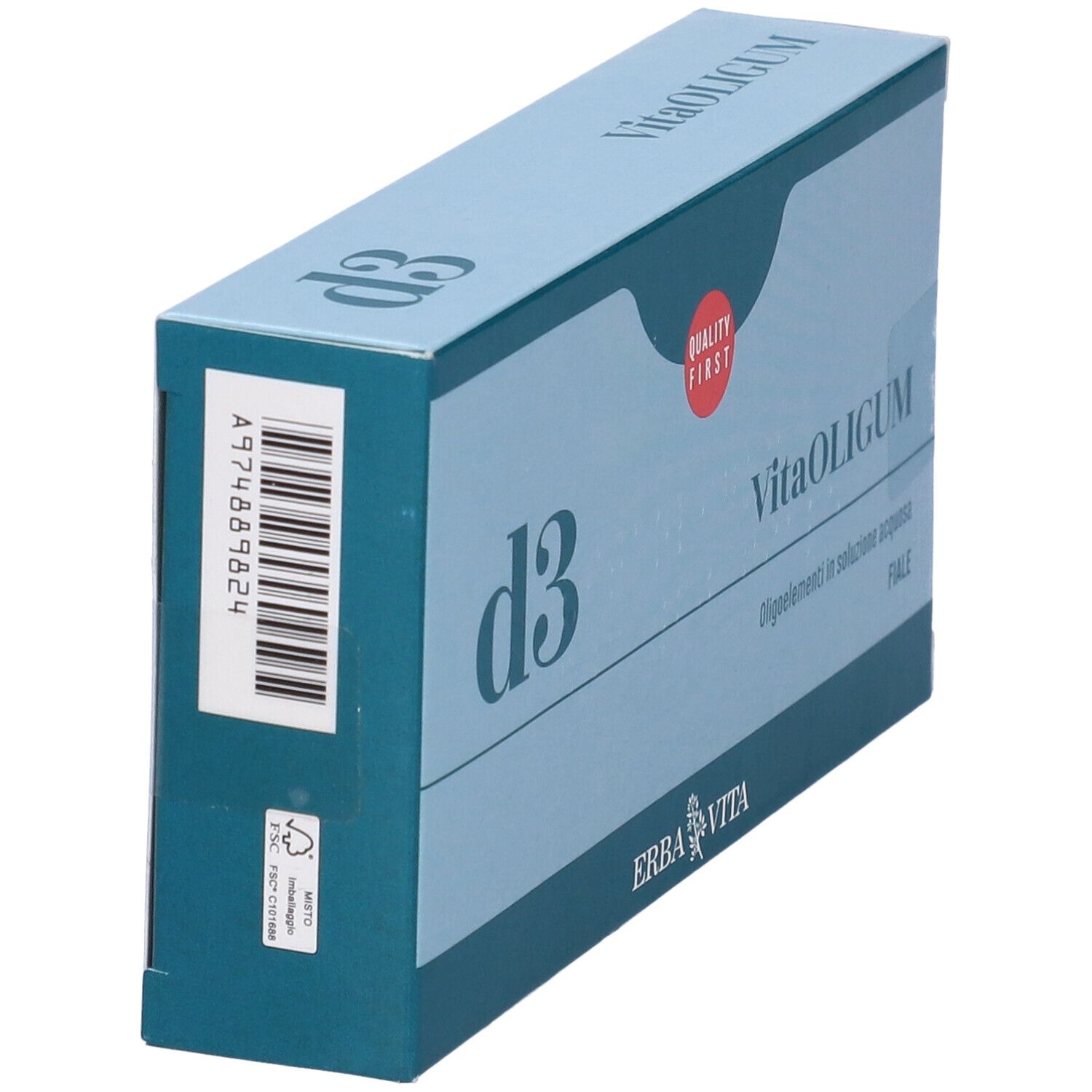 Scatola azzurra con scritta "d3" e "VitaOLIGUM". Codice a barre e altre informazioni sul lato.