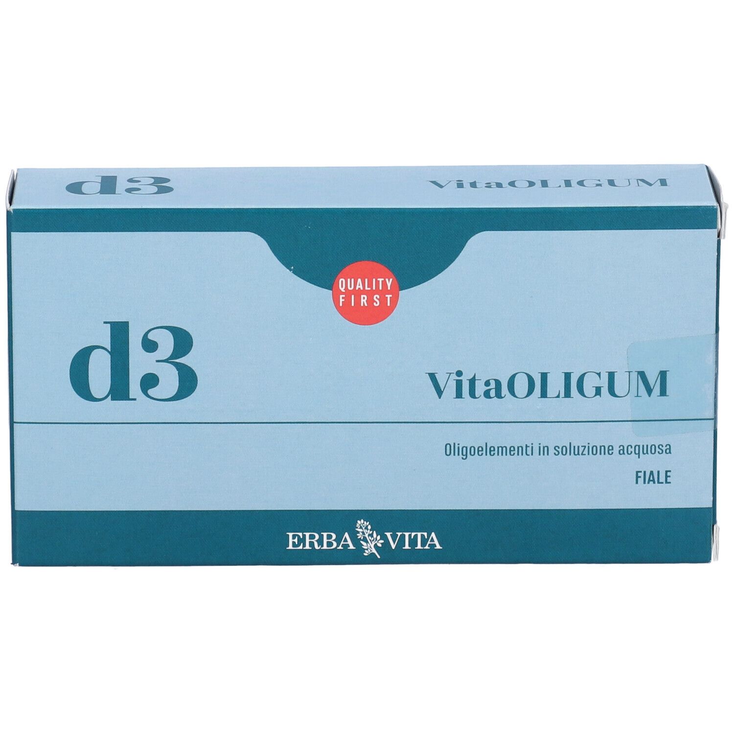 Scatola azzurra con scritta "d3" e "VitaOLIGUM". Logo "Quality First". Logo "ERBA VITA".