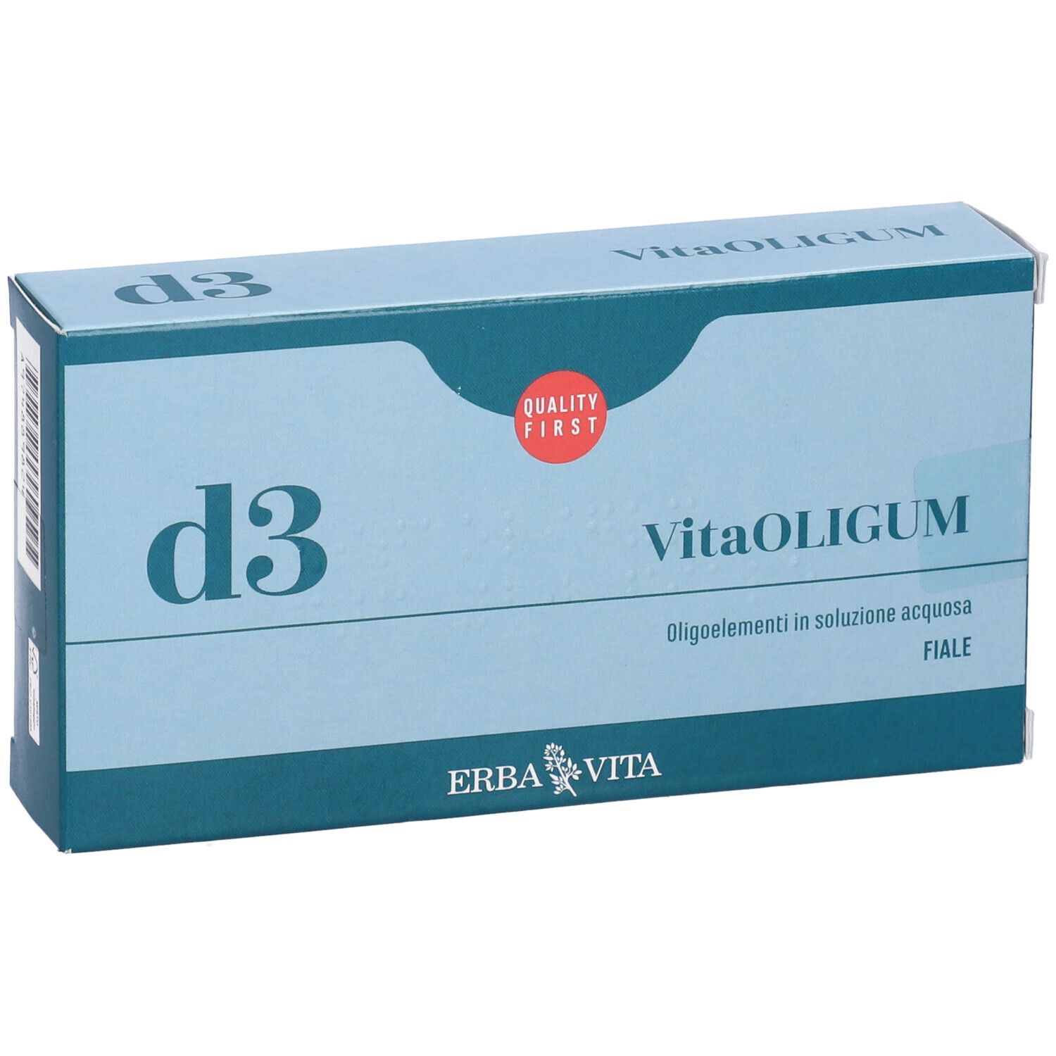 Scatola azzurra con scritta "d3" e "VitaOLIGUM". Logo "Quality First". Logo "ERBA VITA".