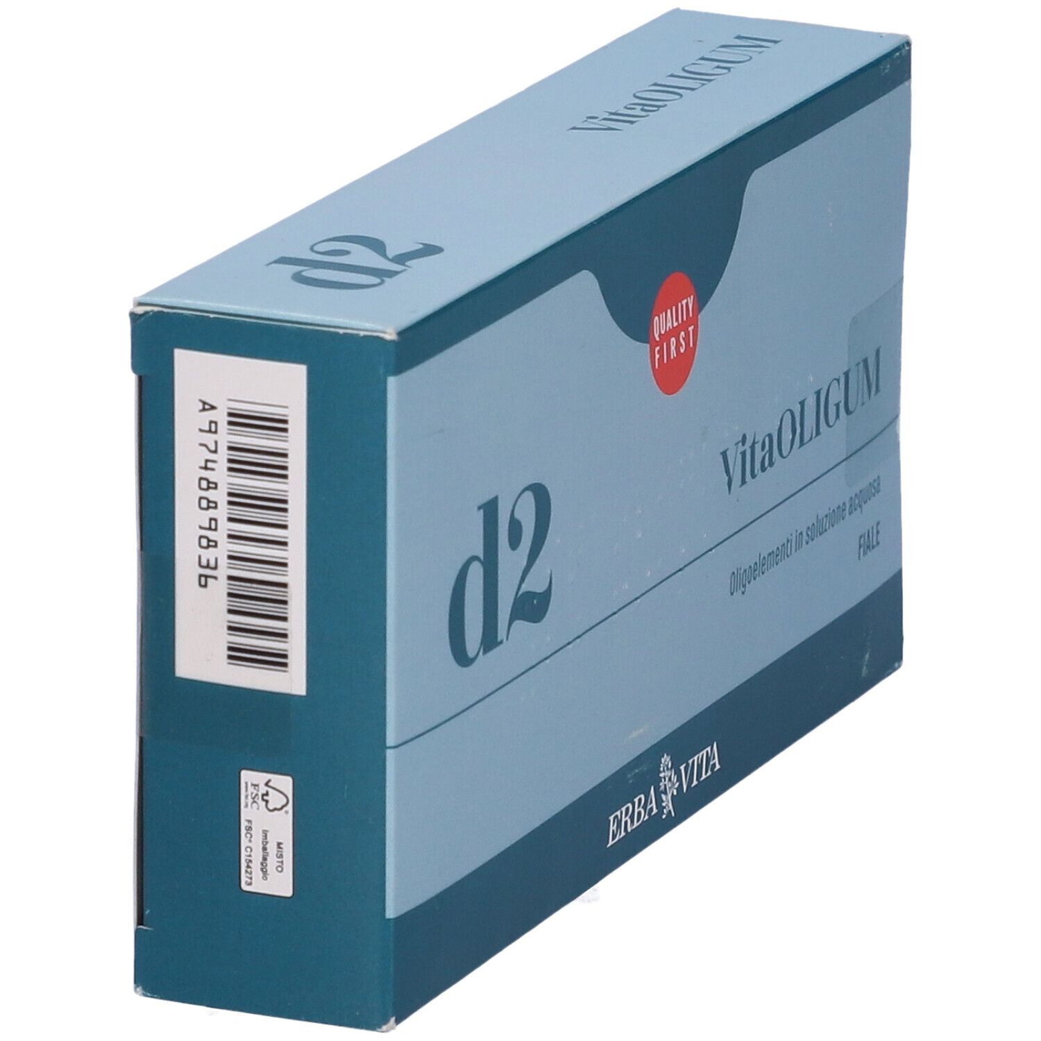 Scatola blu e bianca con "d2" e "VitaOLIGUM". Codice a barre e logo "Erba Vita". Logo "Quality First".
