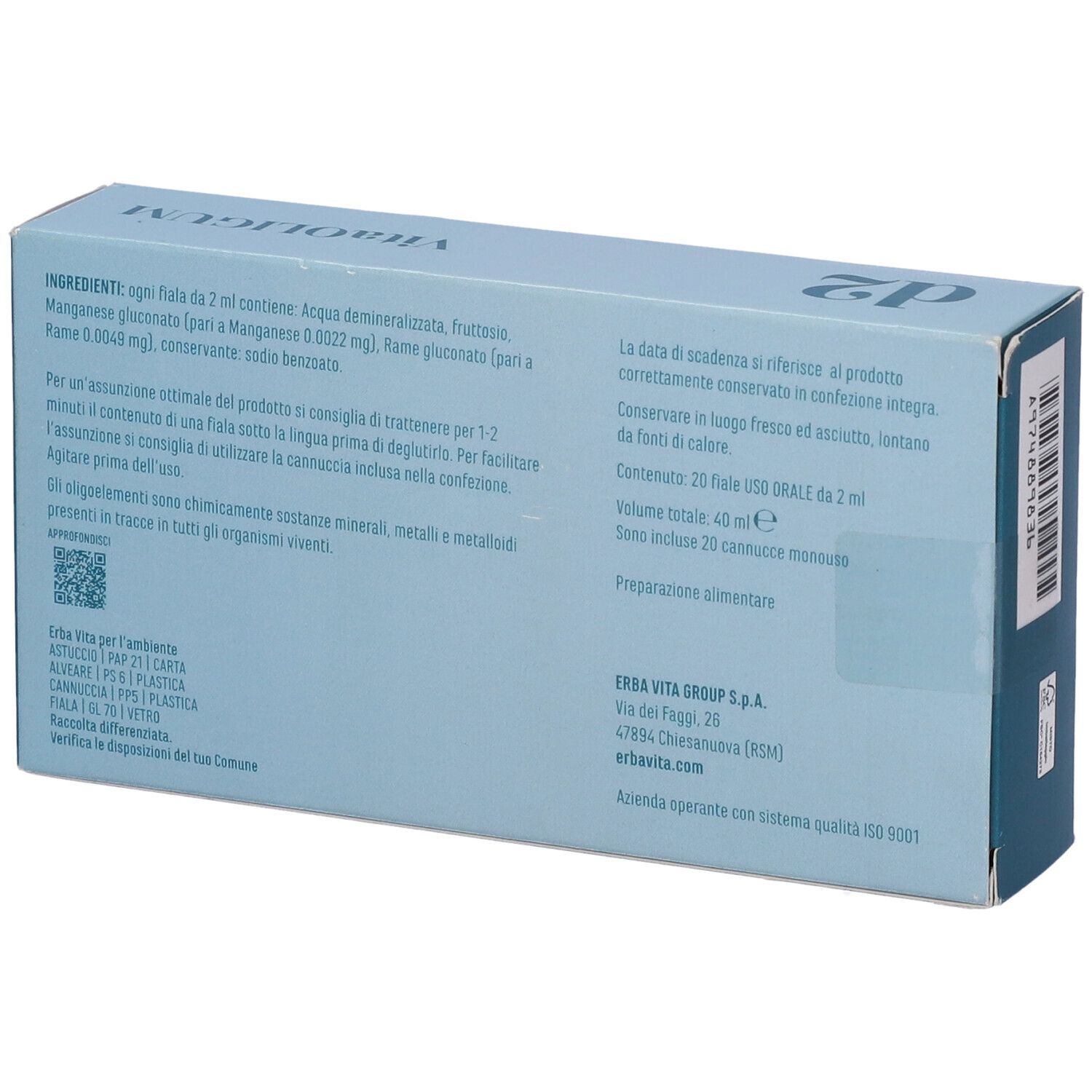 Retro della scatola con testo. Contiene ingredienti, scadenza, volume e informazioni produttore.