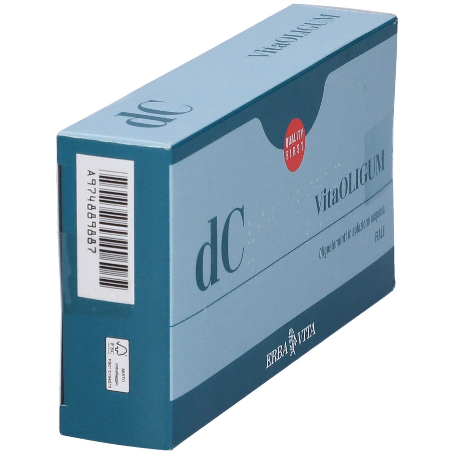Scatola azzurra con logo "VitaOLIGUM" e "dc". Codice a barre e logo "Erba Vita" sul lato.