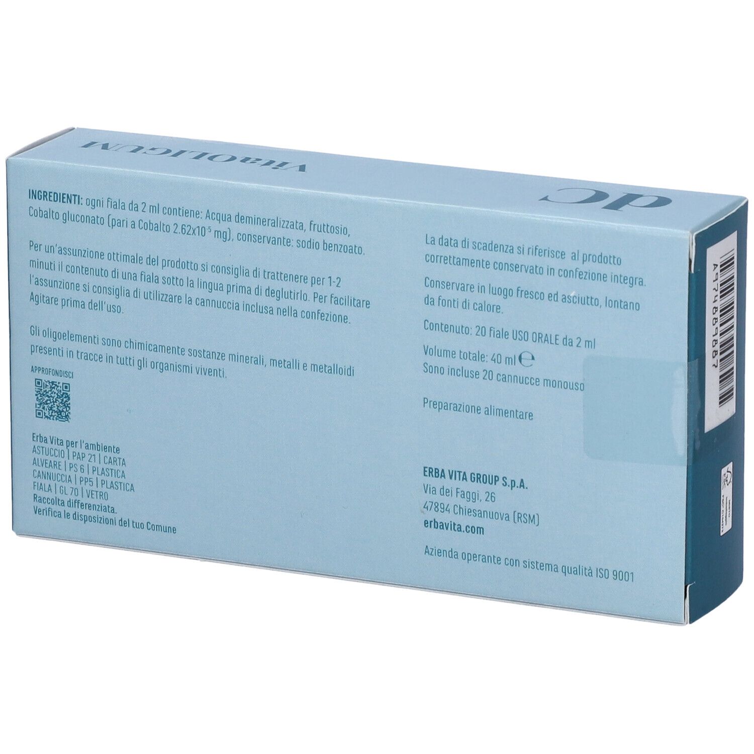 Retro della scatola azzurra con testo. "VitaOLIGUM", ingredienti, istruzioni e produttore.