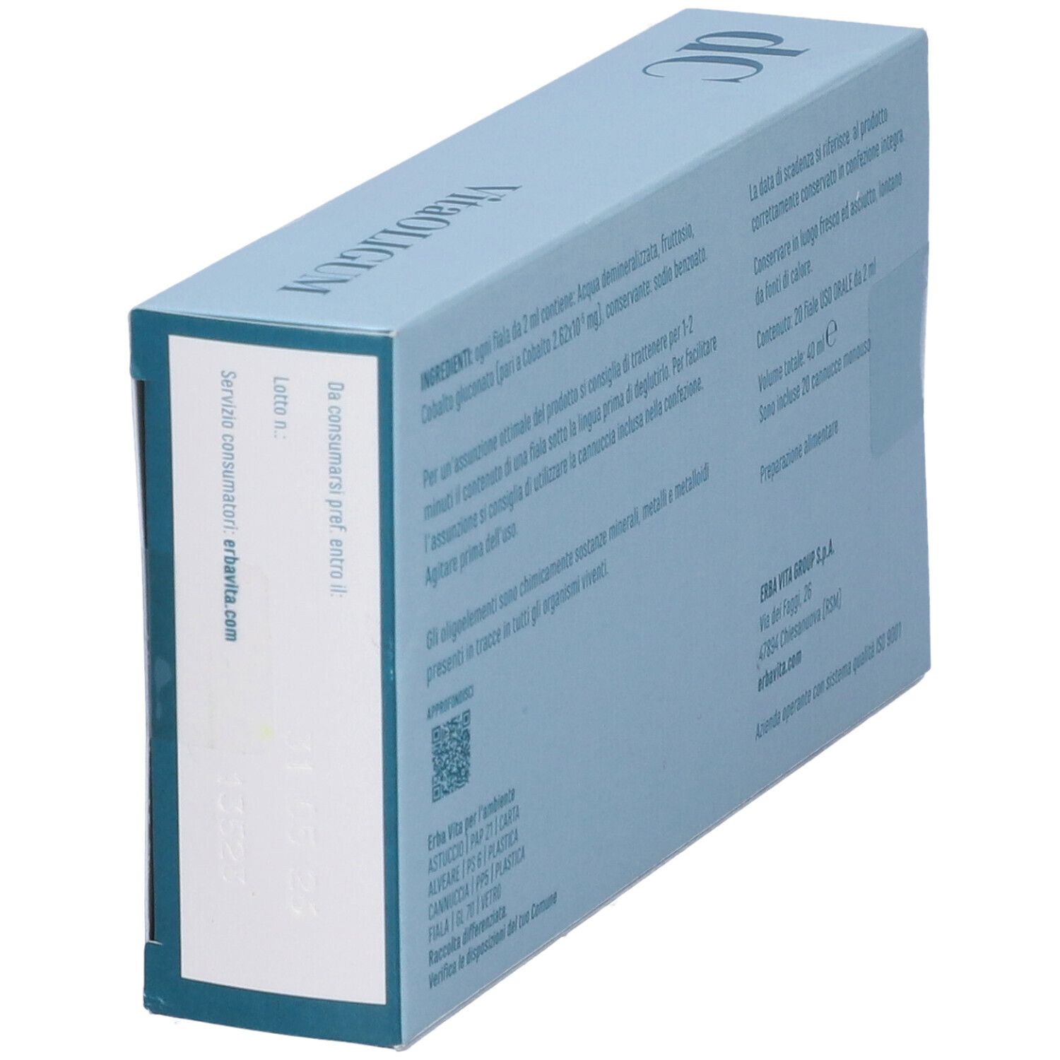 Scatola azzurra con testo. "VitaOLIGUM", ingredienti, istruzioni e produttore.