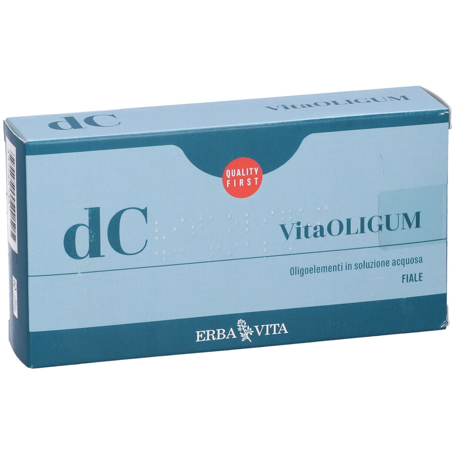 Scatola azzurra con logo "VitaOLIGUM" e "dc". Sigillo "Quality First". Logo "Erba Vita".