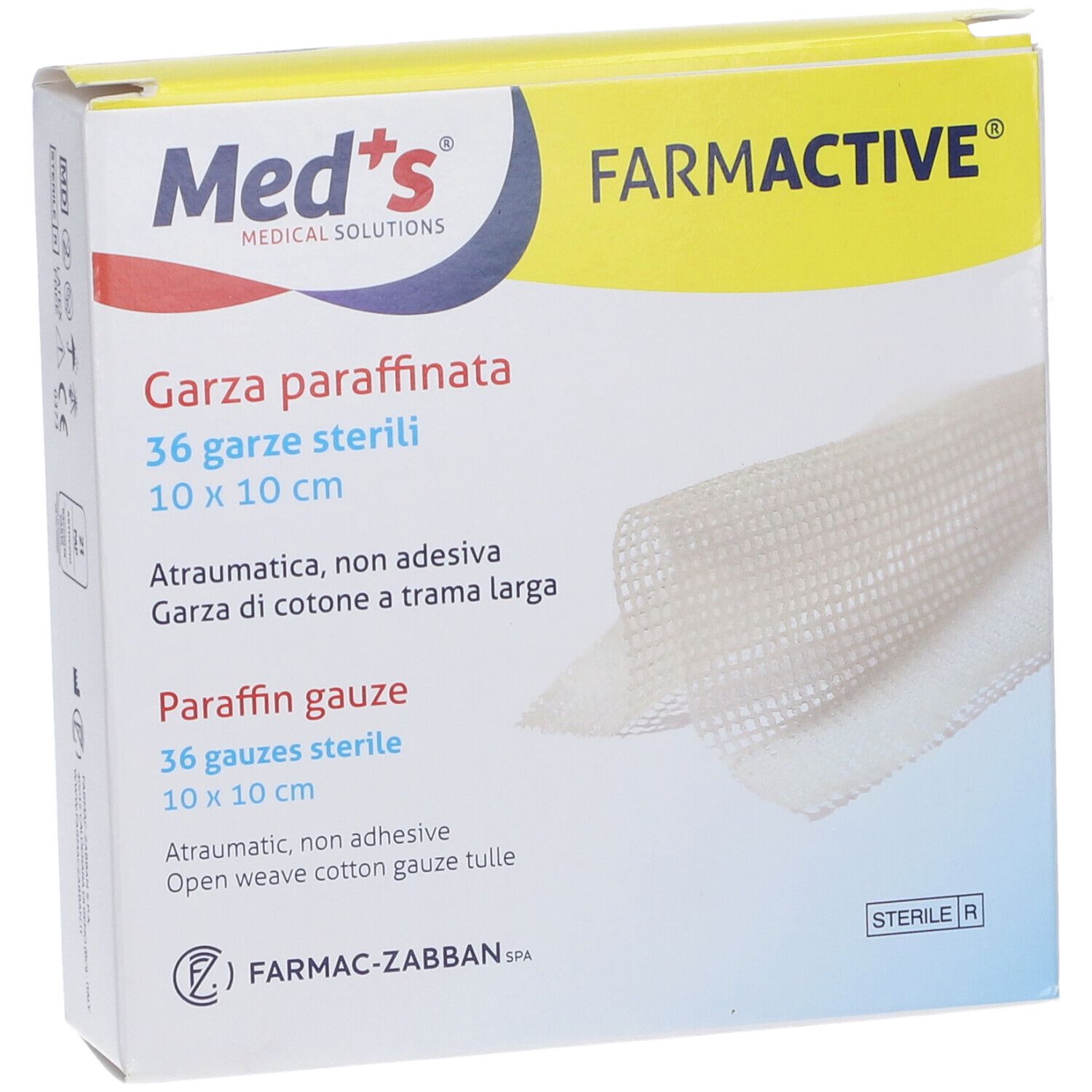 Confezione da 36 garze sterili di paraffina, 10x10 cm. Garza di cotone non adesiva.