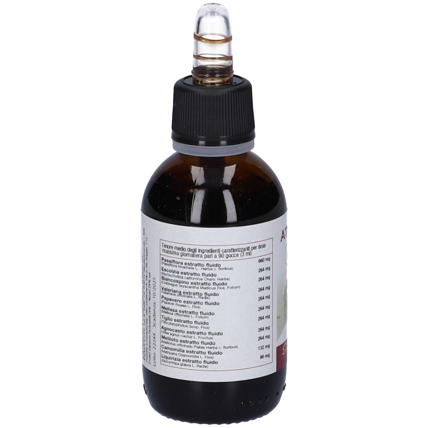 Flacone di vetro marrone con tappo nero e contagocce. Etichetta con ingredienti e dosaggio. Striscia rossa in basso.