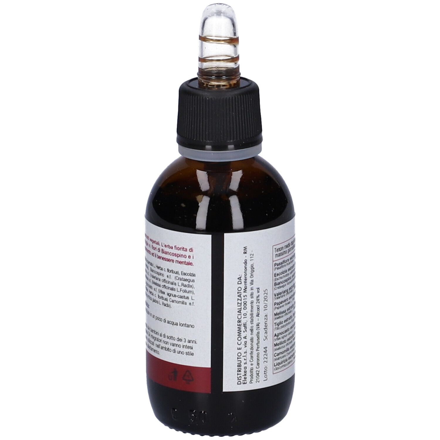 Flacone di vetro marrone con tappo nero e contagocce. Etichetta con informazioni. Striscia rossa in basso.