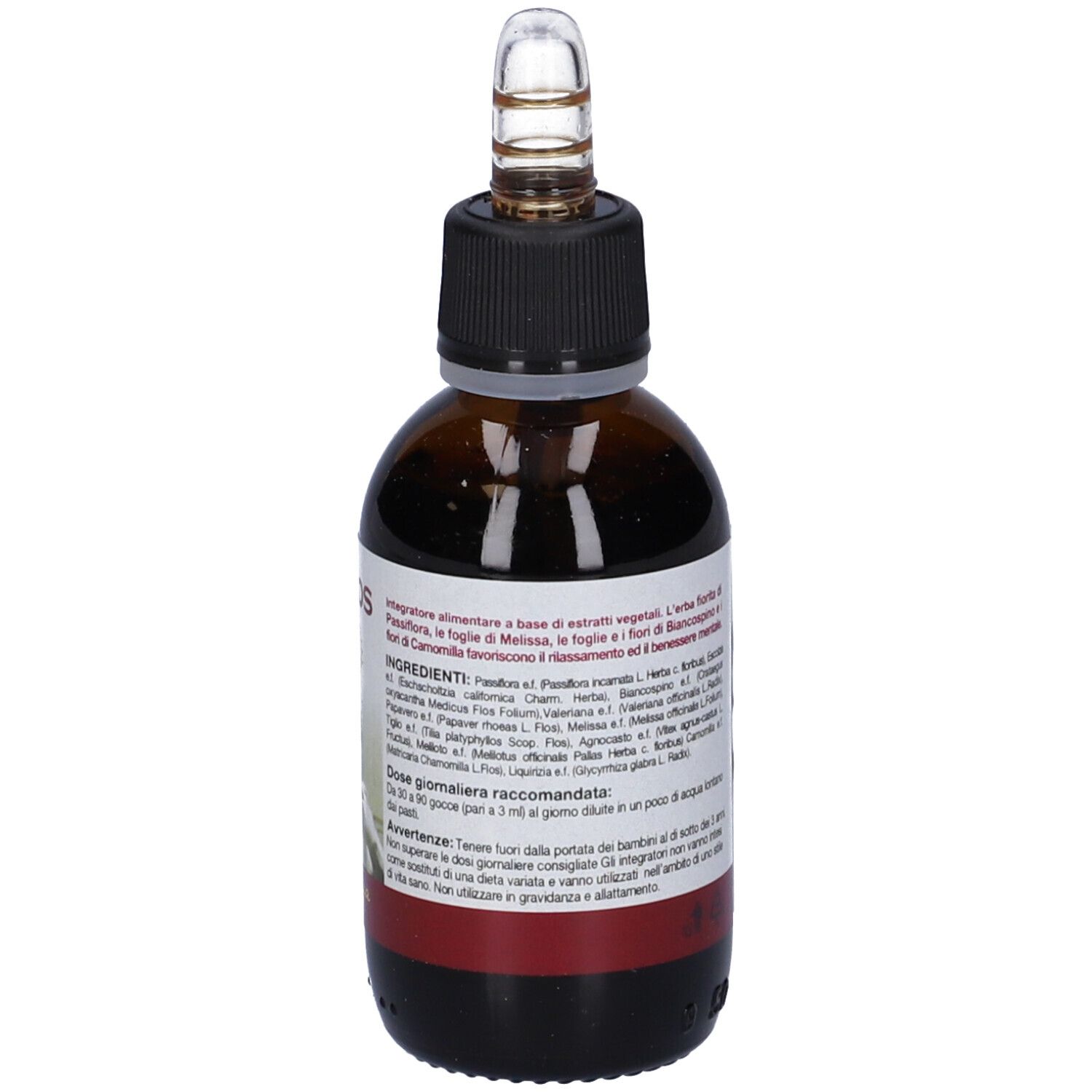 Flacone di vetro marrone con tappo nero e contagocce. Etichetta con ingredienti. Striscia rossa in basso.