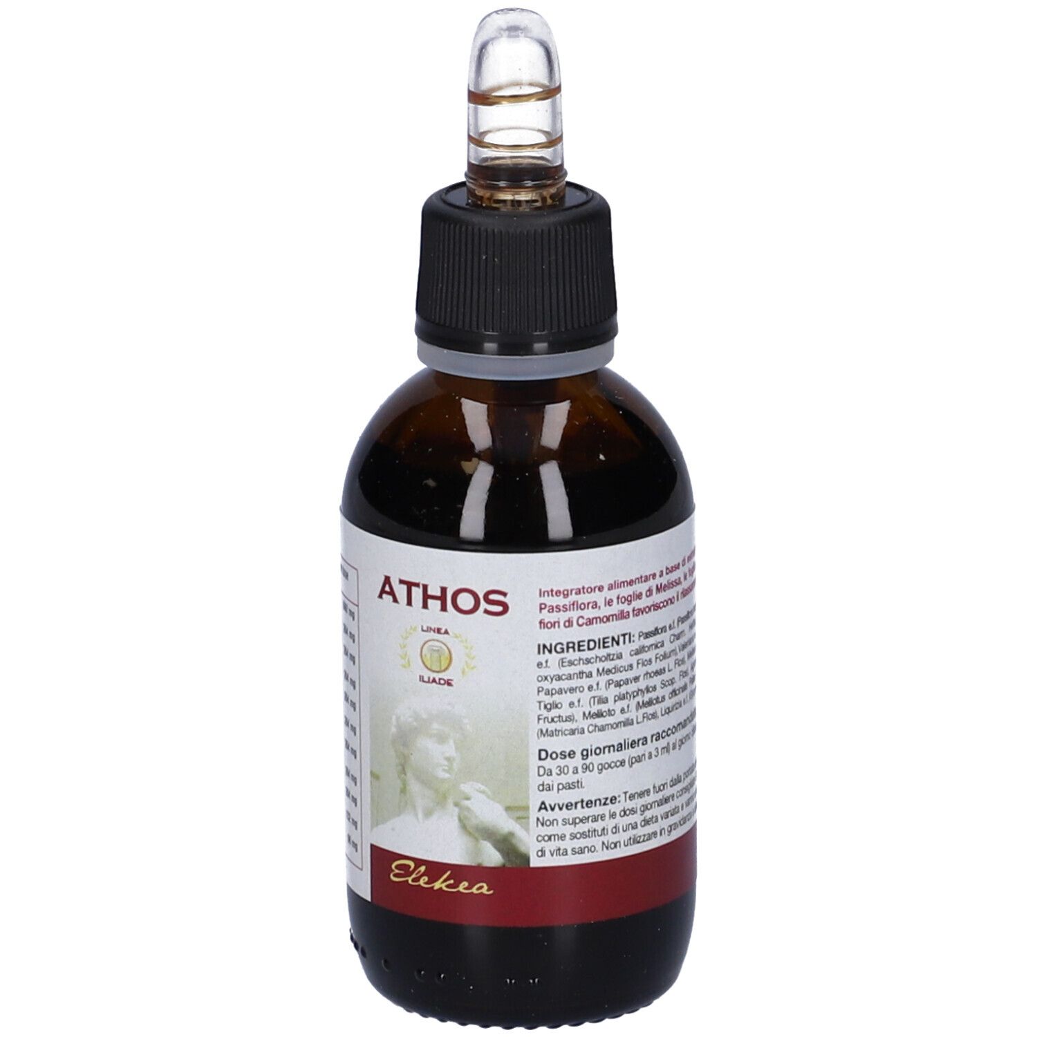 Flacone di vetro marrone con tappo nero e contagocce. Etichetta con nome ATHOS e logo. Striscia rossa in basso.