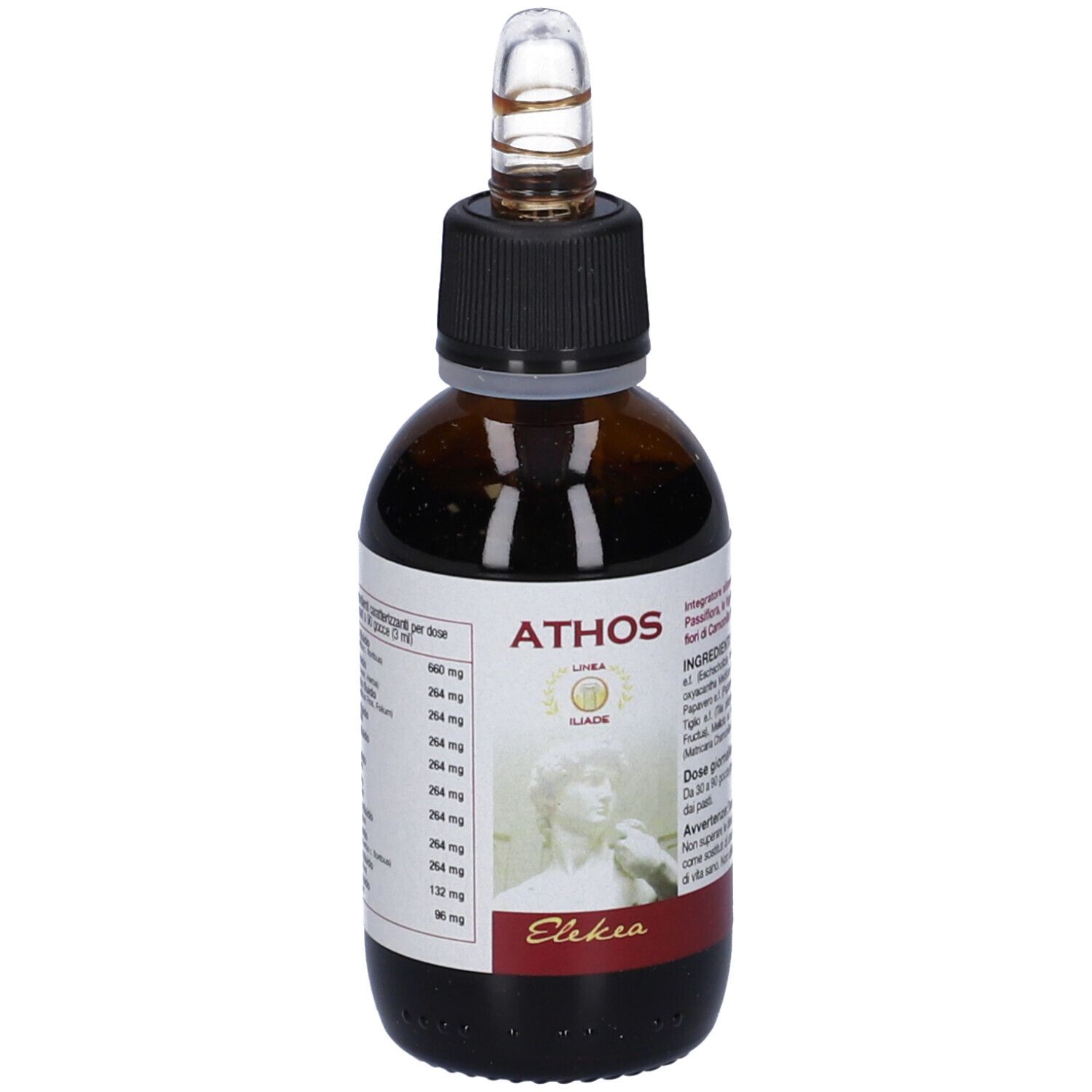 Flacone di vetro marrone con tappo nero e contagocce. Etichetta con nome ATHOS e logo. Striscia rossa in basso.