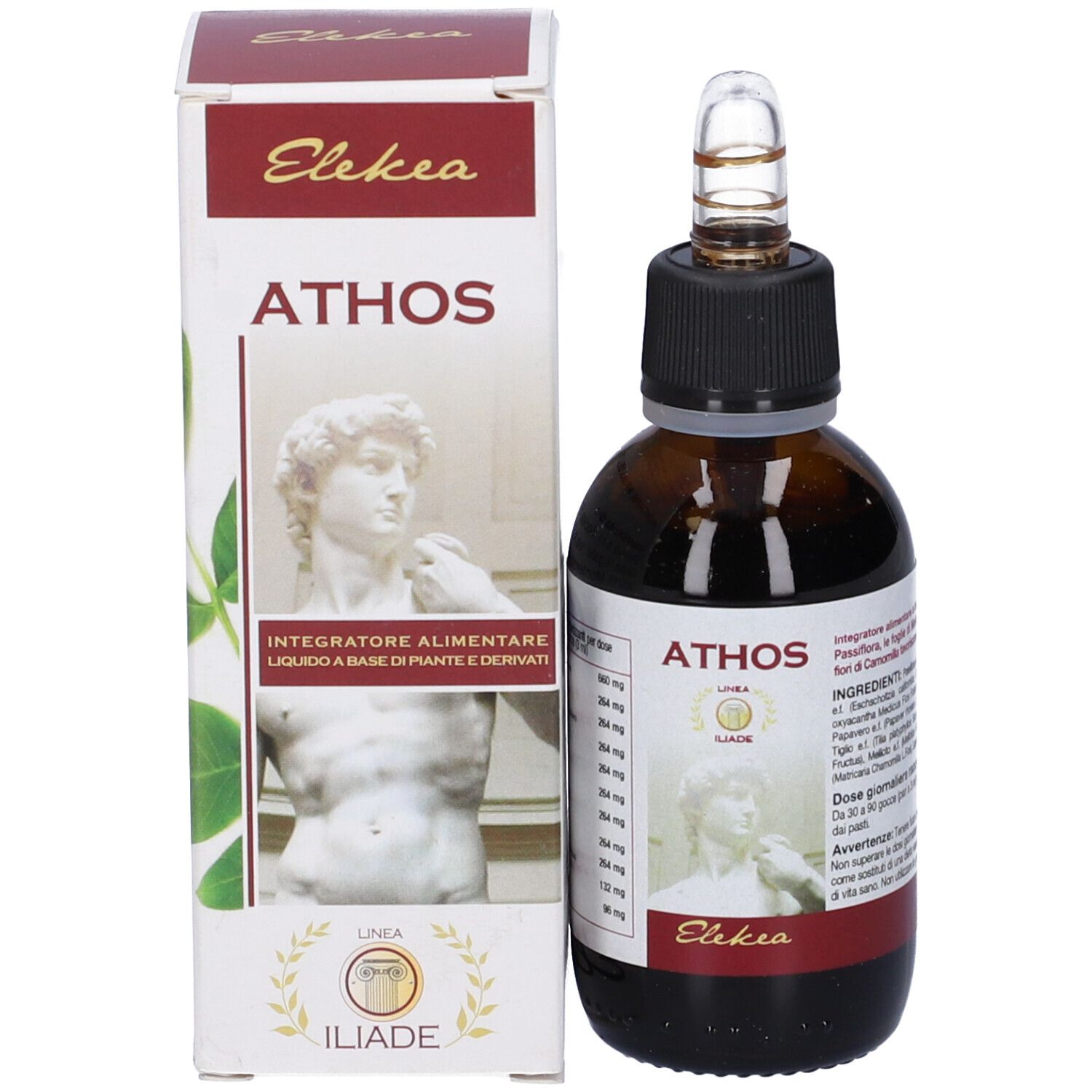 Flacone di vetro marrone con tappo nero e contagocce accanto a una scatola. Scatola con nome ATHOS e logo.