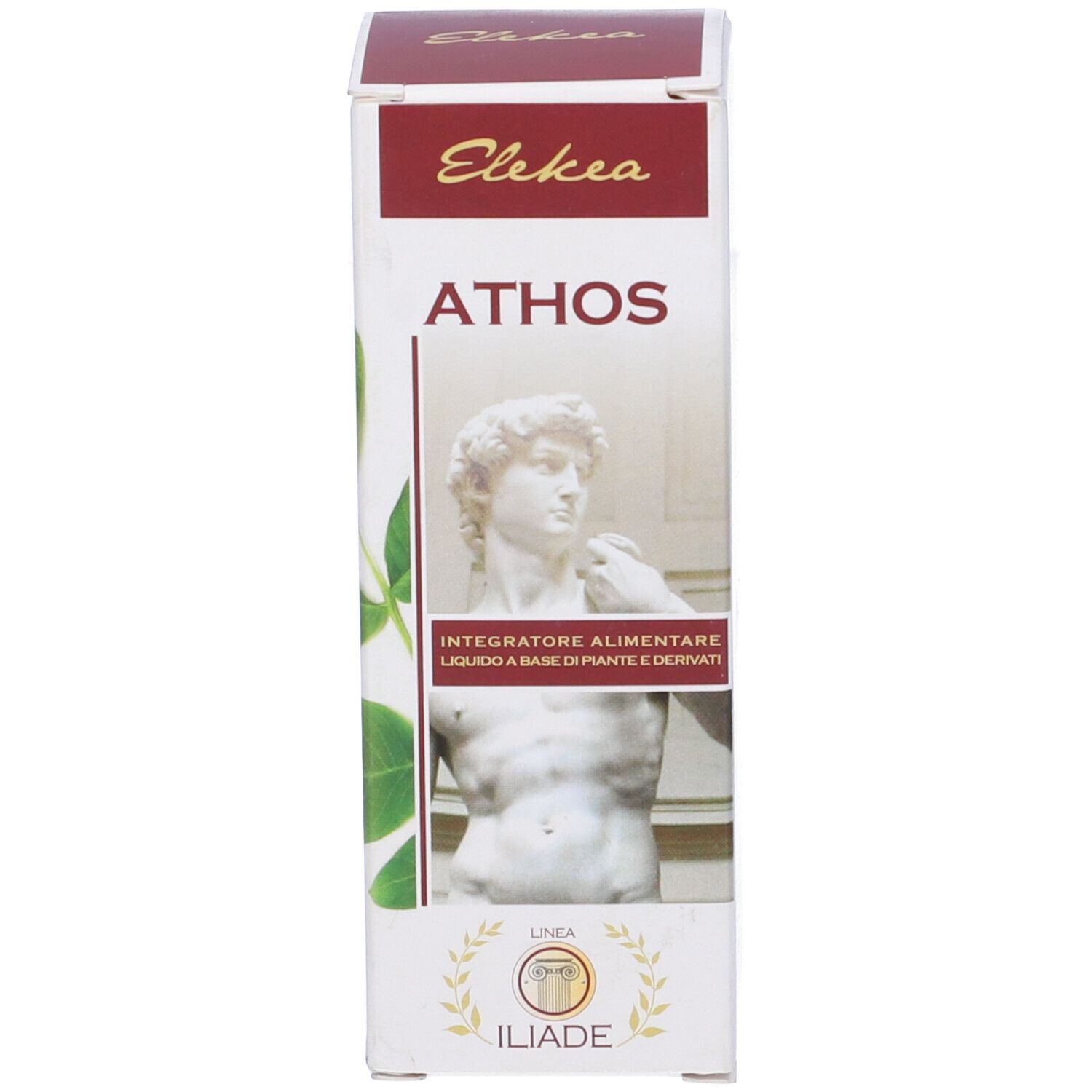 Scatola con nome ATHOS e logo. Sfondo bianco con design rosso e oro.