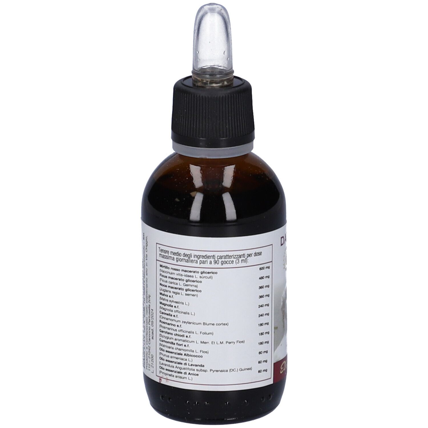 Flacone di vetro marrone con tappo nero e contagocce. Etichetta con elenco degli ingredienti.