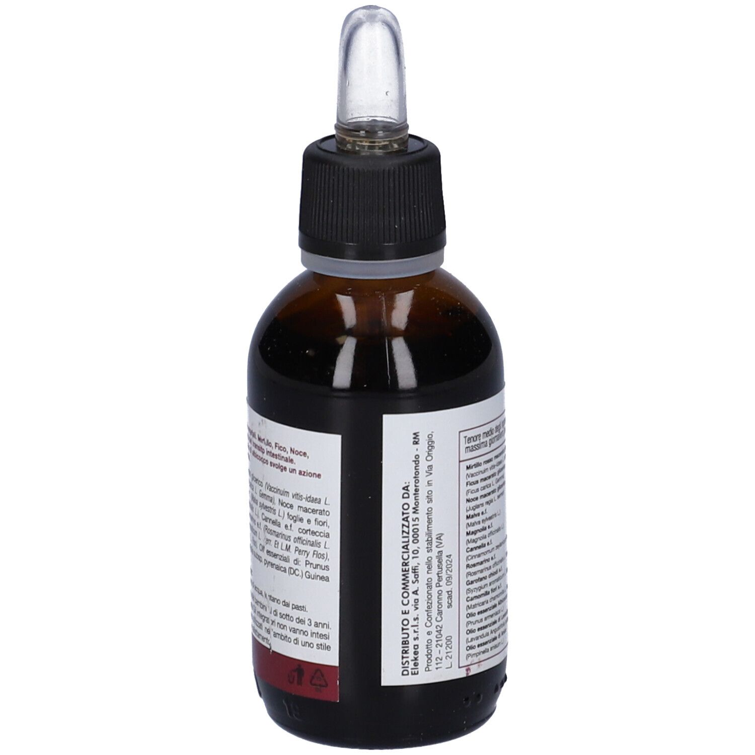Flacone di vetro marrone con tappo nero e contagocce. Etichetta con testo e informazioni del produttore.