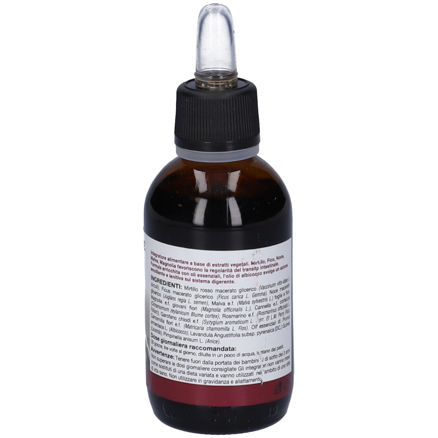 Flacone di vetro marrone con tappo nero e contagocce. Etichetta con testo e elenco degli ingredienti.