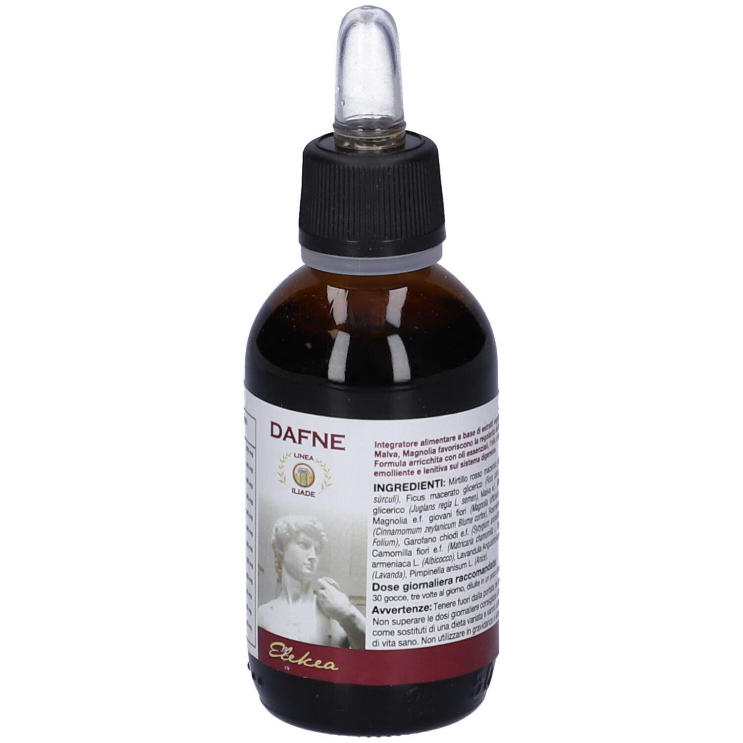 Flacone di vetro marrone con tappo nero e contagocce. Etichetta con testo e immagine di una statua.