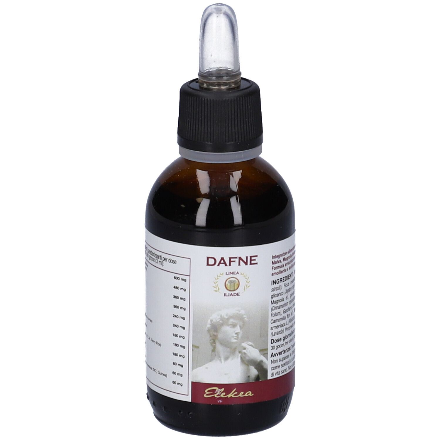 Flacone di vetro marrone con tappo nero e contagocce. Etichetta con testo e elenco degli ingredienti.