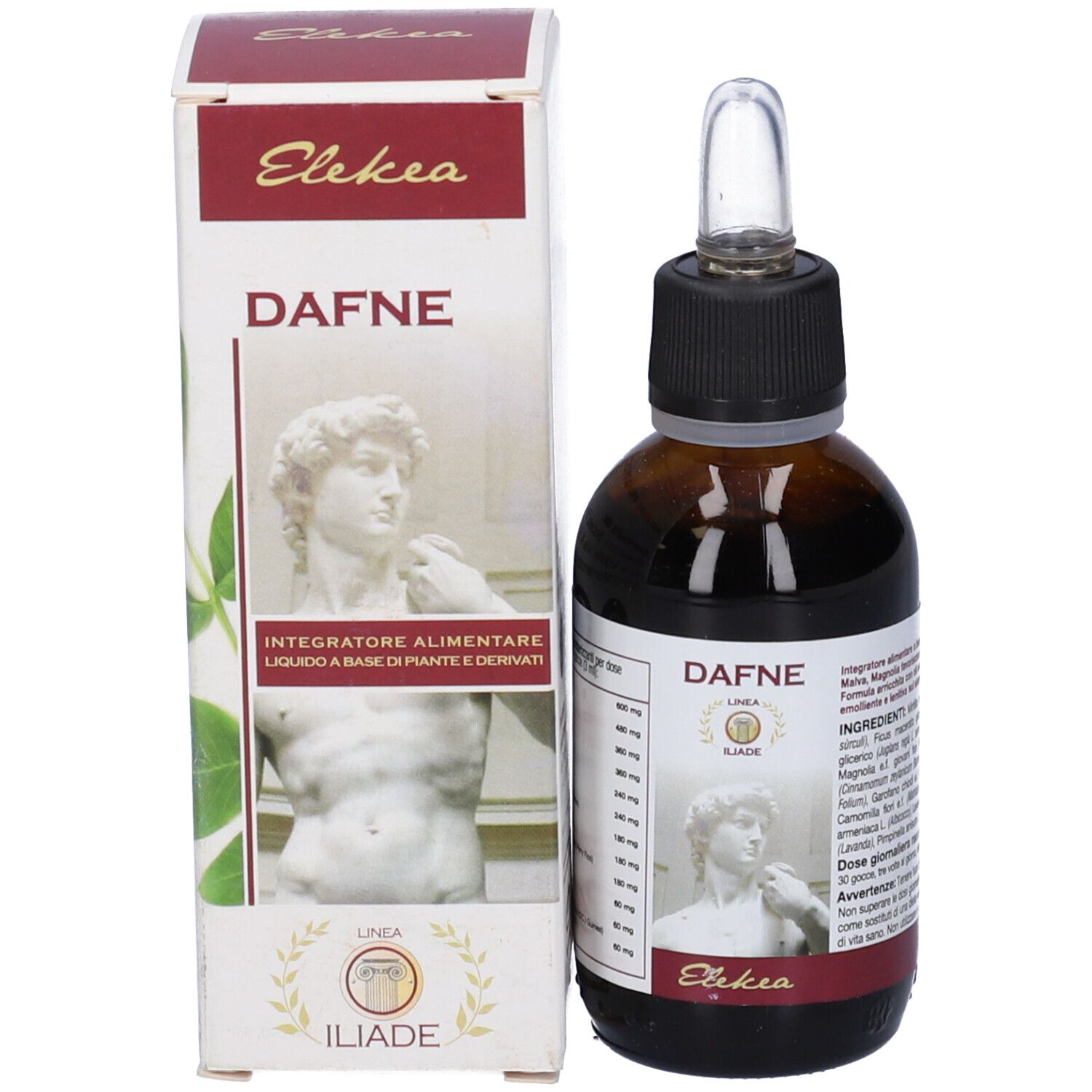 Flacone di vetro marrone con tappo nero e contagocce, accanto a una scatola. Scritta: Dafne.