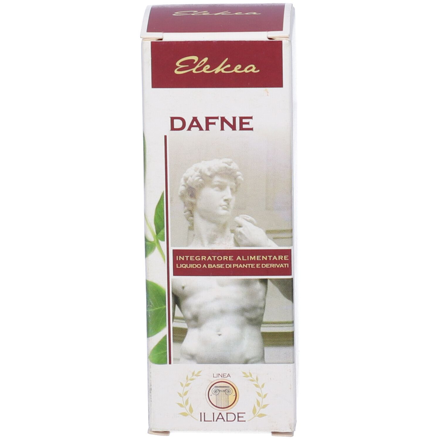 Scatola bianca con coperchio rosso. Scritta: Dafne. Immagine di una statua e foglie.