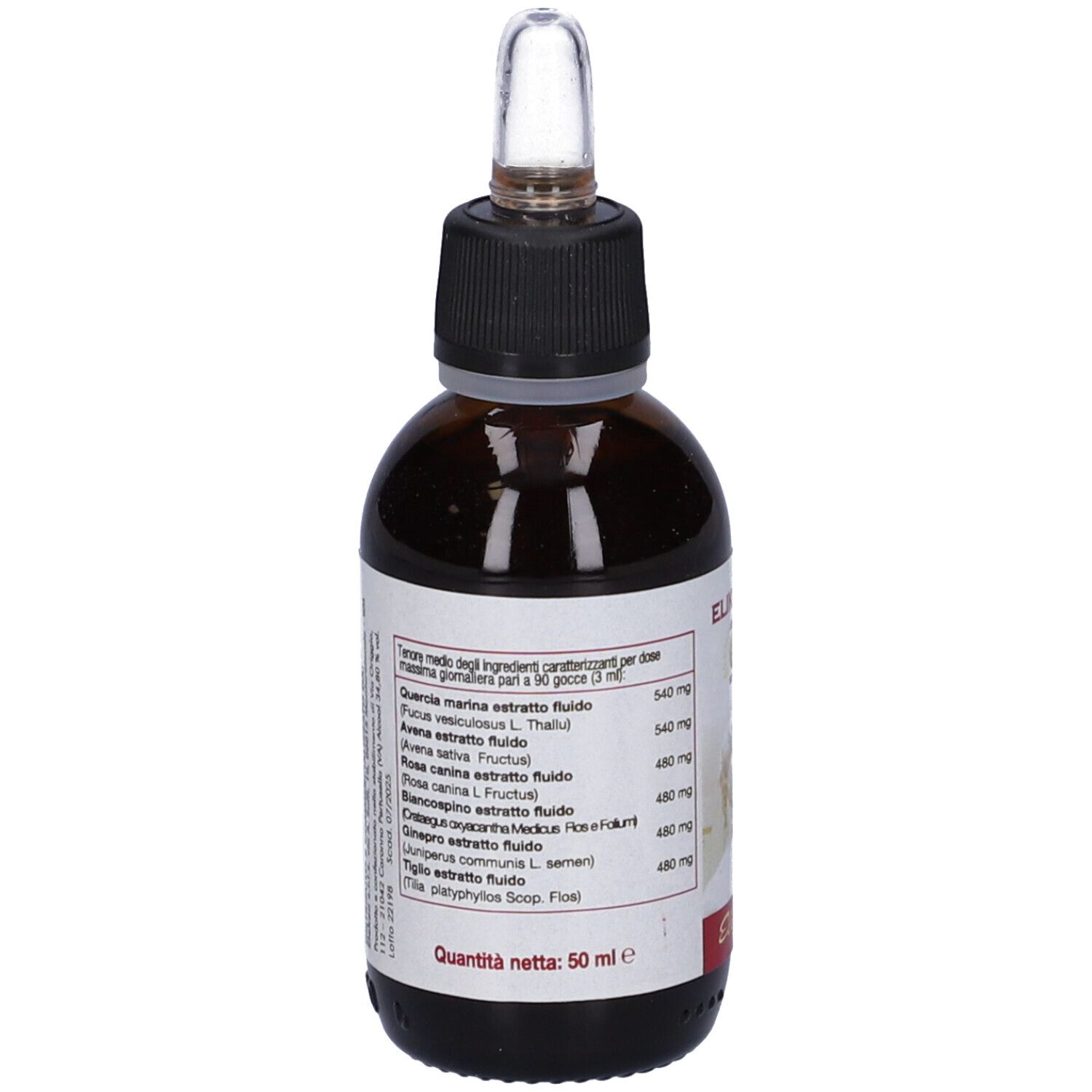 Flacone di vetro marrone con tappo nero e contagocce. Etichetta con ingredienti e testo. Prodotto: Elikonis.