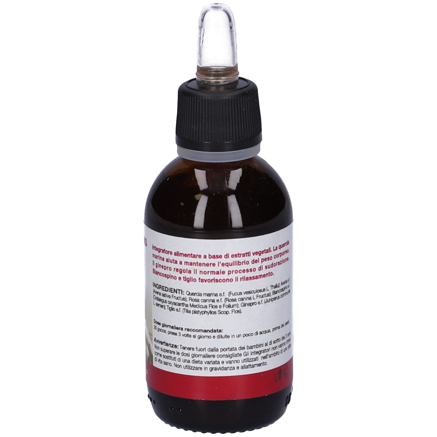 Flacone di vetro marrone con tappo nero e contagocce. Etichetta con testo. Prodotto: Elikonis.