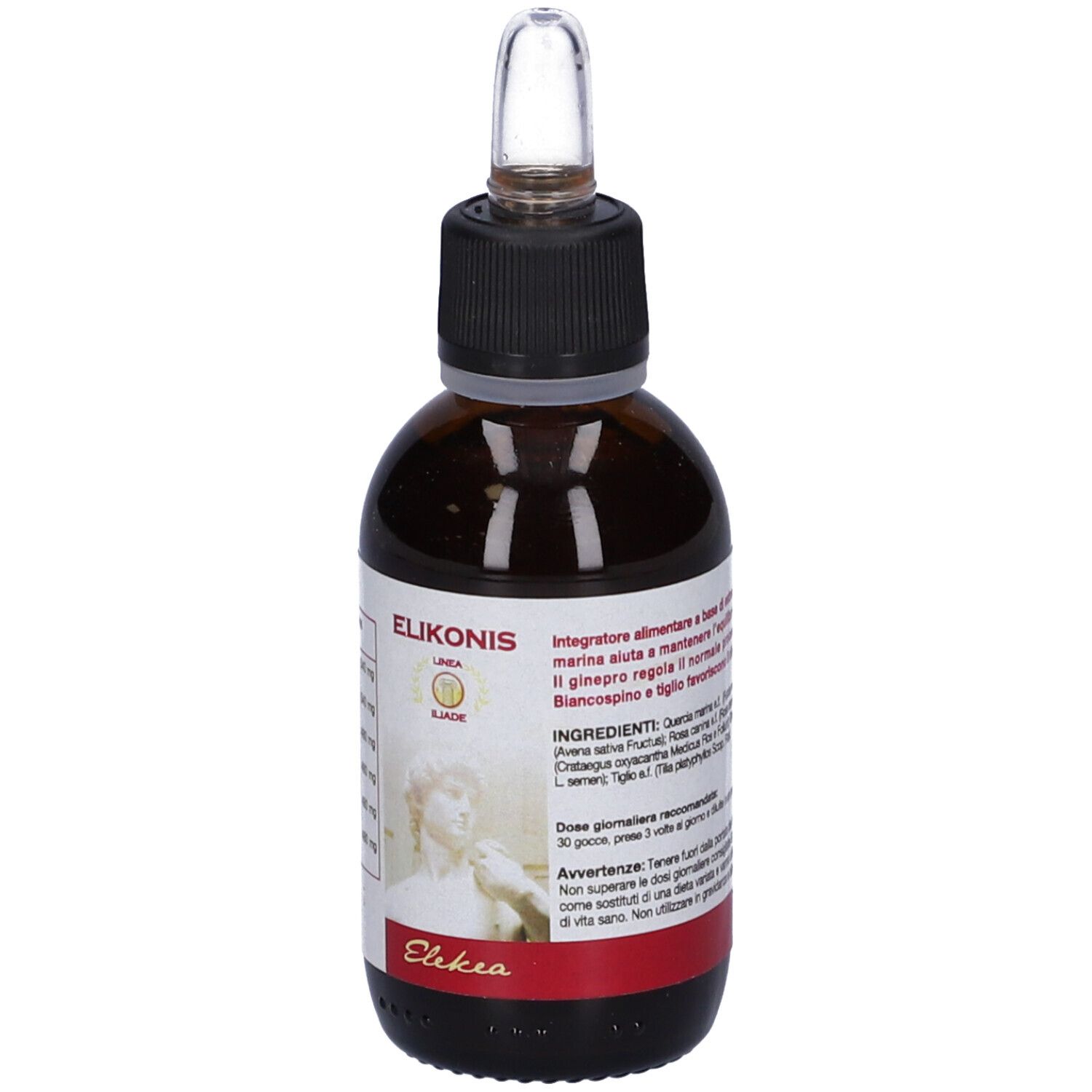 Flacone di vetro marrone con tappo nero e contagocce. Etichetta con testo e immagine. Prodotto: Elikonis.