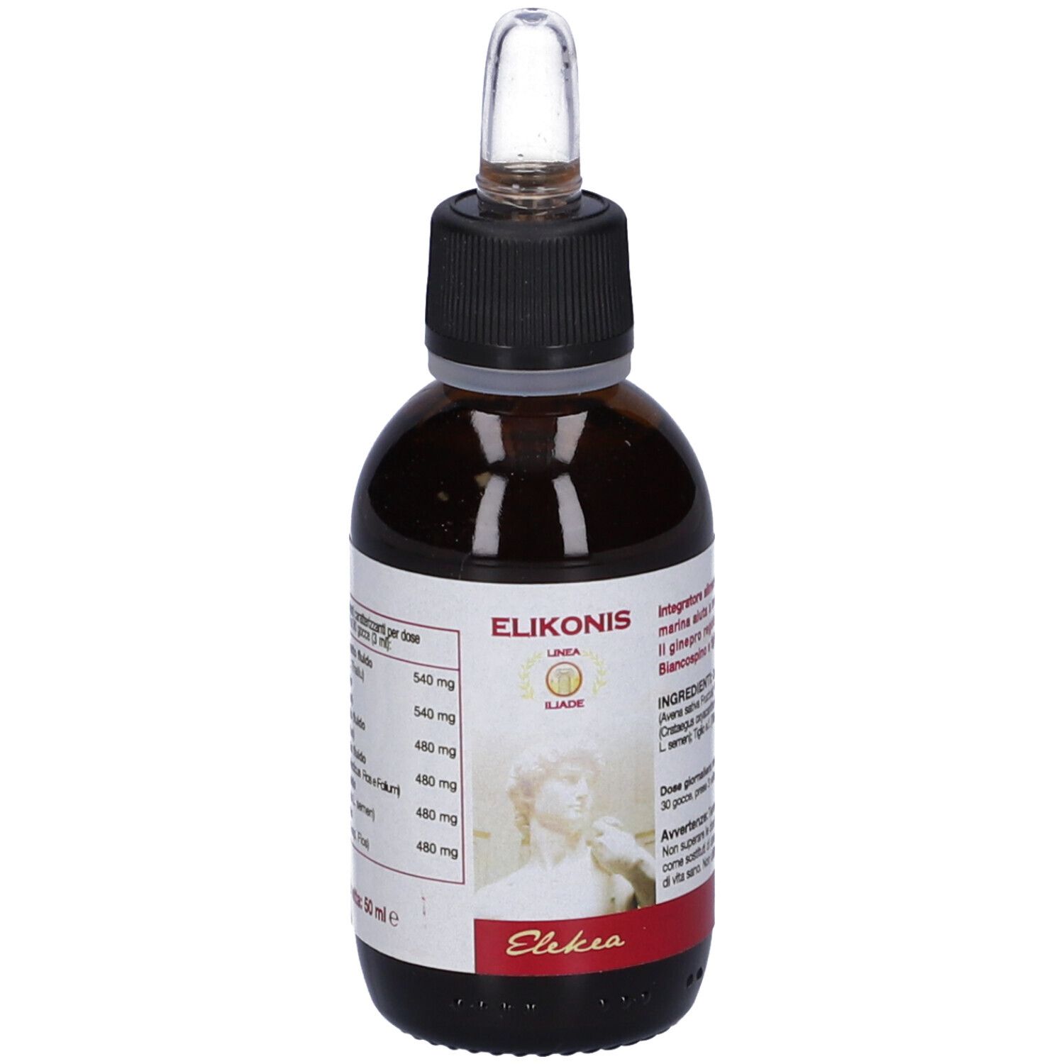 Flacone di vetro marrone con tappo nero e contagocce. Etichetta con testo e immagine. Prodotto: Elikonis.