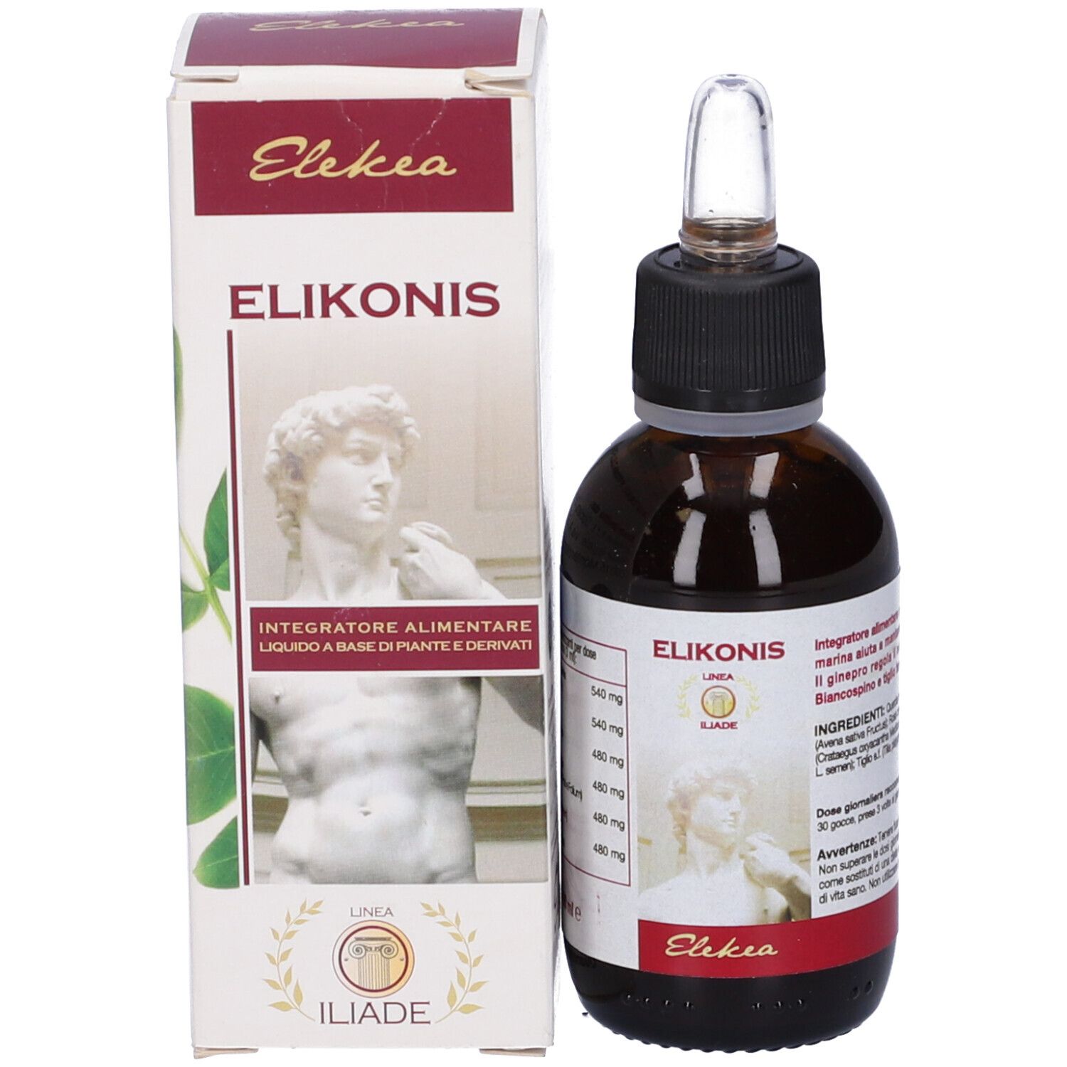 Flacone e confezione del prodotto. Flacone di vetro marrone con tappo nero e contagocce. Confezione con testo e immagine.