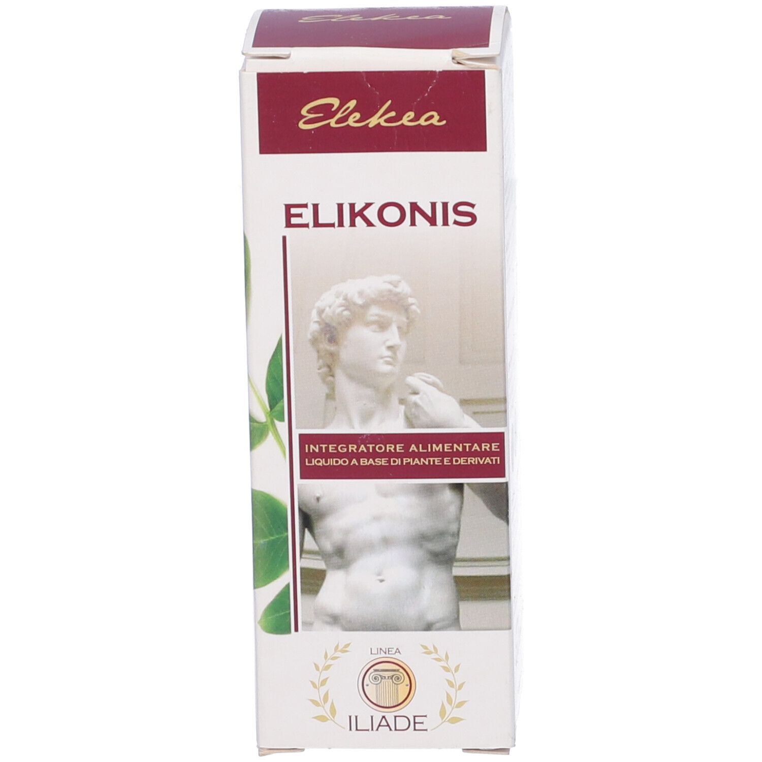 Confezione del prodotto. Scatola rettangolare con testo e immagine. Prodotto: Elikonis.