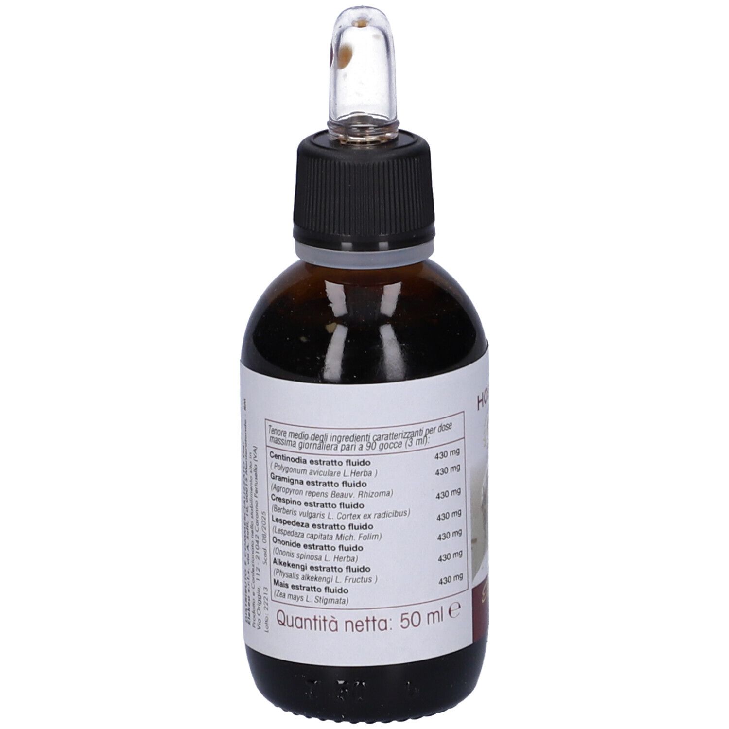 Flacone di vetro marrone con tappo nero e contagocce. Etichetta con informazioni sul prodotto e ingredienti.