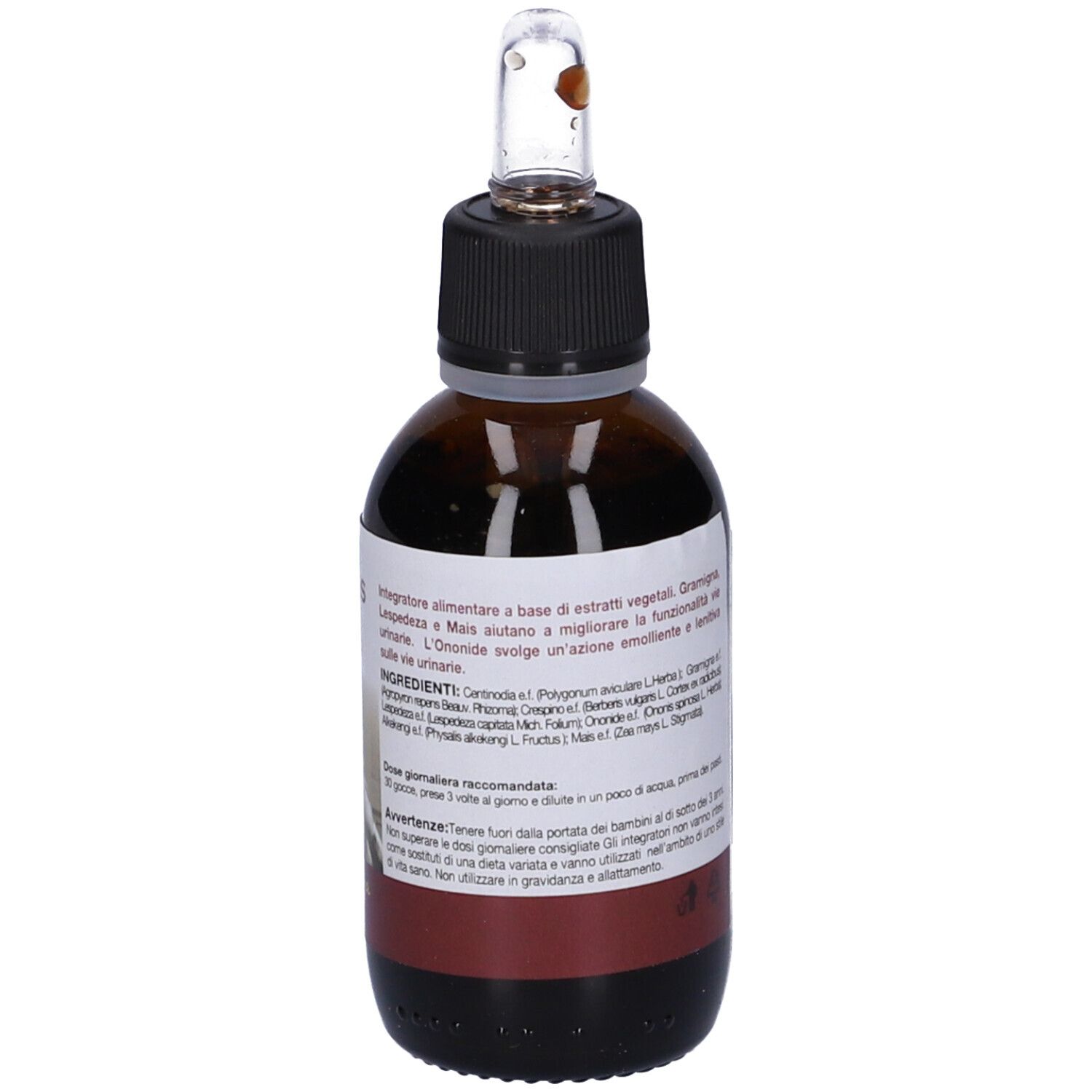 Flacone di vetro marrone con tappo nero e contagocce. Etichetta con informazioni sul prodotto e ingredienti.