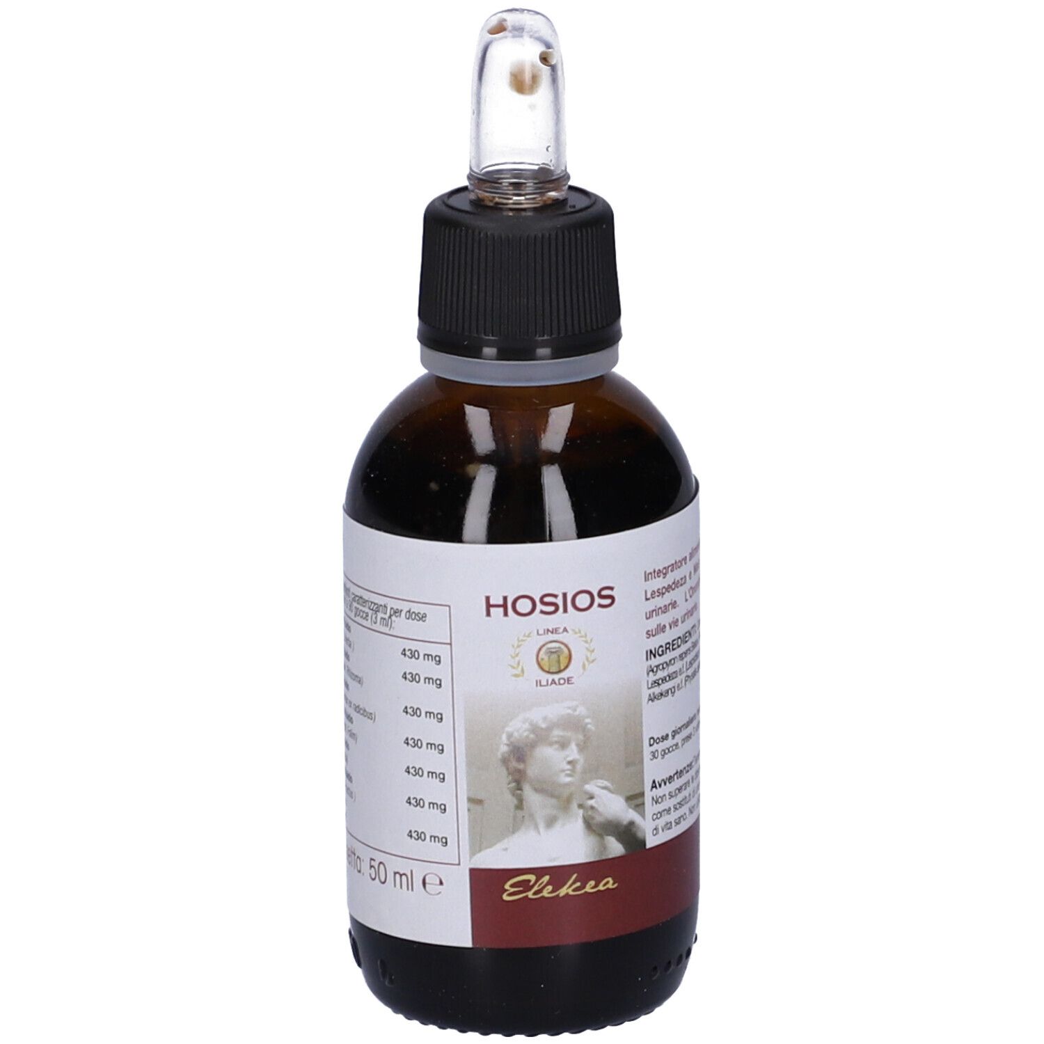 Flacone di vetro marrone con tappo nero e contagocce. Etichetta con nome del prodotto, ingredienti e immagine di una statua.