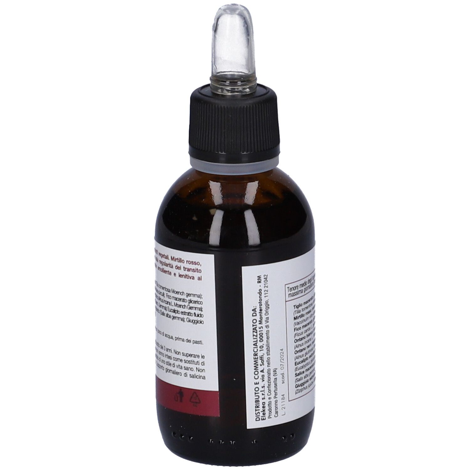 Flacone di vetro marrone con tappo nero e contagocce. Etichetta con testo. Nome prodotto: Tereo.