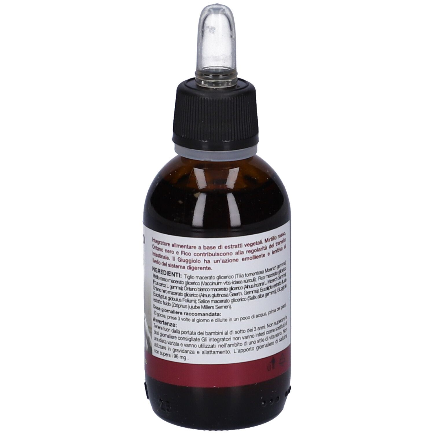 Flacone di vetro marrone con tappo nero e contagocce. Etichetta con testo. Nome prodotto: Tereo.