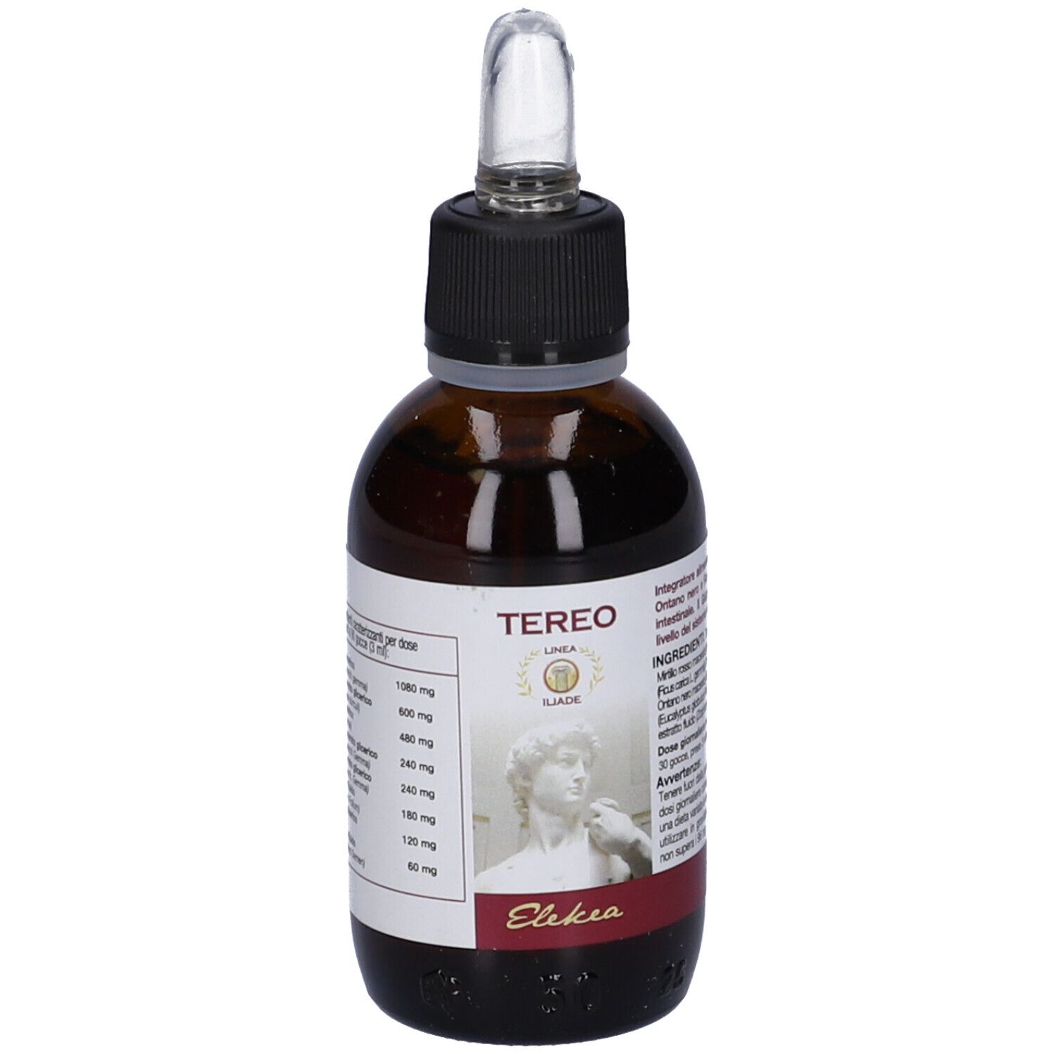 Flacone di vetro marrone con tappo nero e contagocce. Etichetta con testo e immagine di statua. Nome prodotto: Tereo.