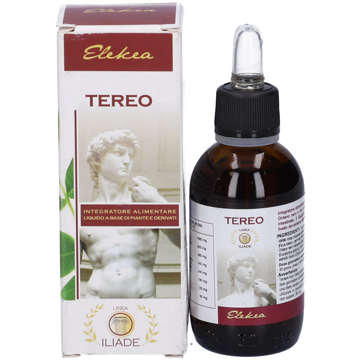 Confezione del prodotto con flacone e scatola. Sulla scatola è presente il nome del prodotto Tereo e l'immagine di una statua.