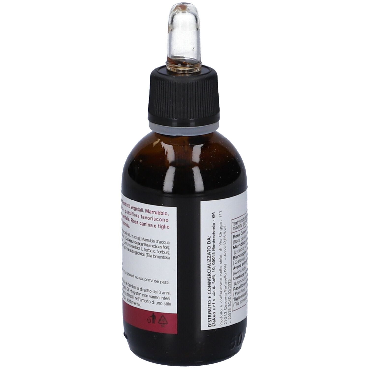 Flacone di vetro marrone con contagocce. Scritta Zosimos. Testo con ingredienti e avvertenze.