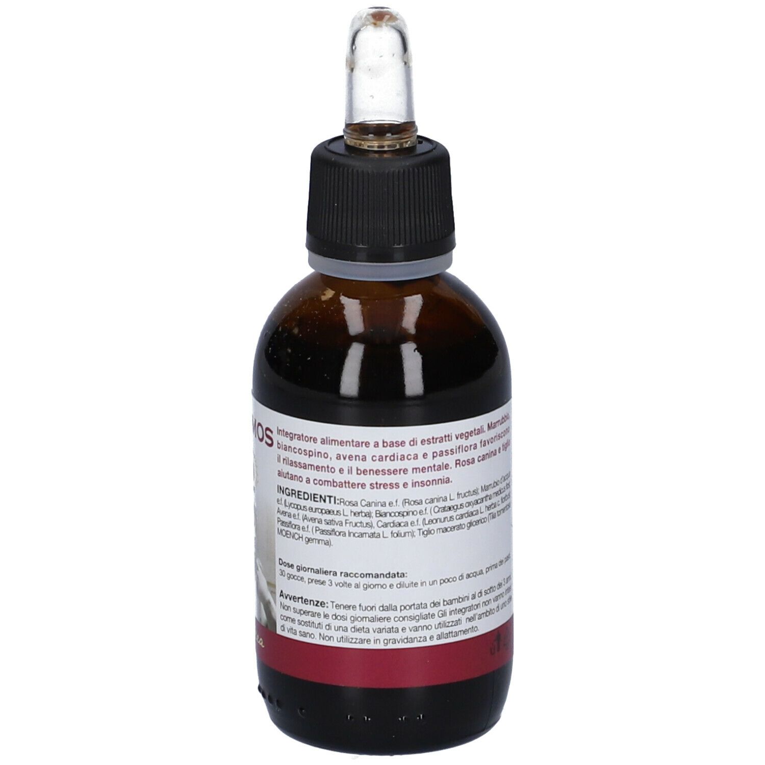 Flacone di vetro marrone con contagocce. Scritta Zosimos. Testo con ingredienti e istruzioni.