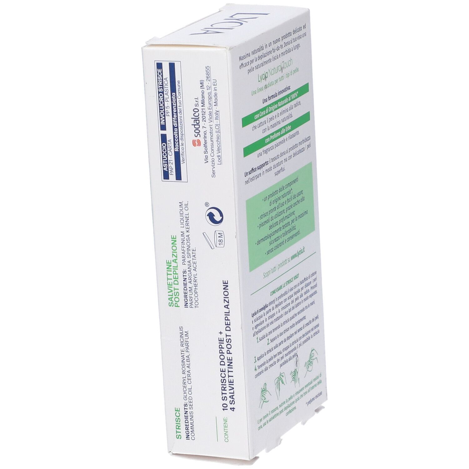 Lato della confezione di strisce depilatorie LYCIA per il viso. Testo su ingredienti e informazioni del produttore.