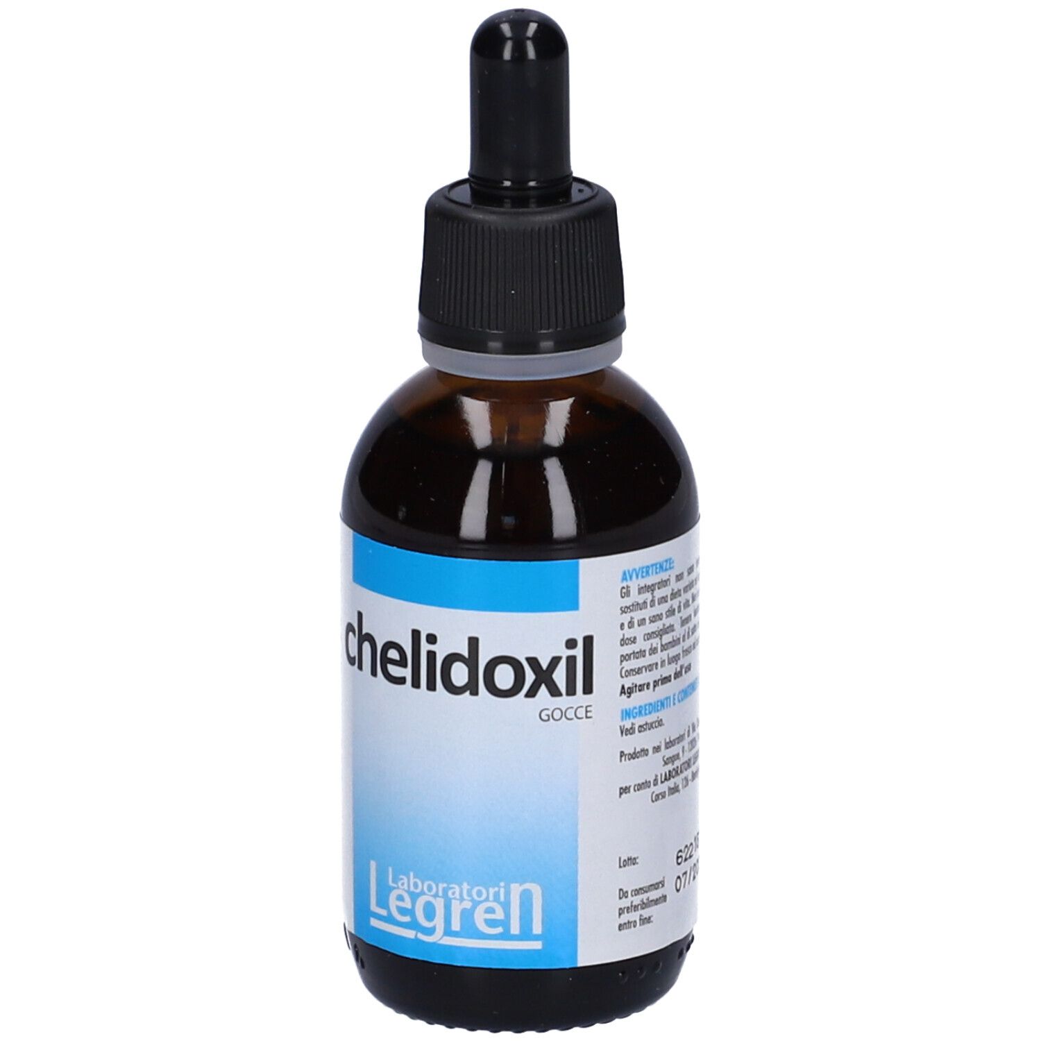 Flacone di vetro marrone con contagocce nero. 'Chelidoxil Gocce' su etichetta blu. Logo 'Legren'.