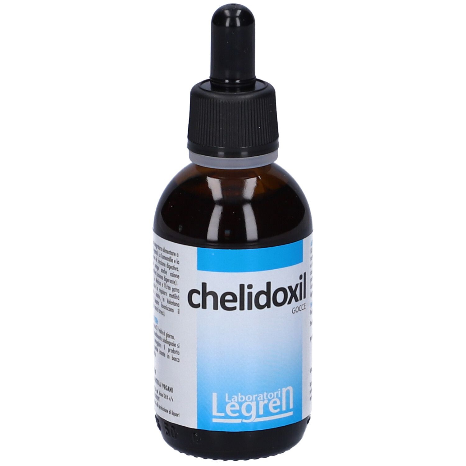 Flacone di vetro marrone con contagocce nero. 'Chelidoxil Gocce' su etichetta blu. Logo 'Legren'.