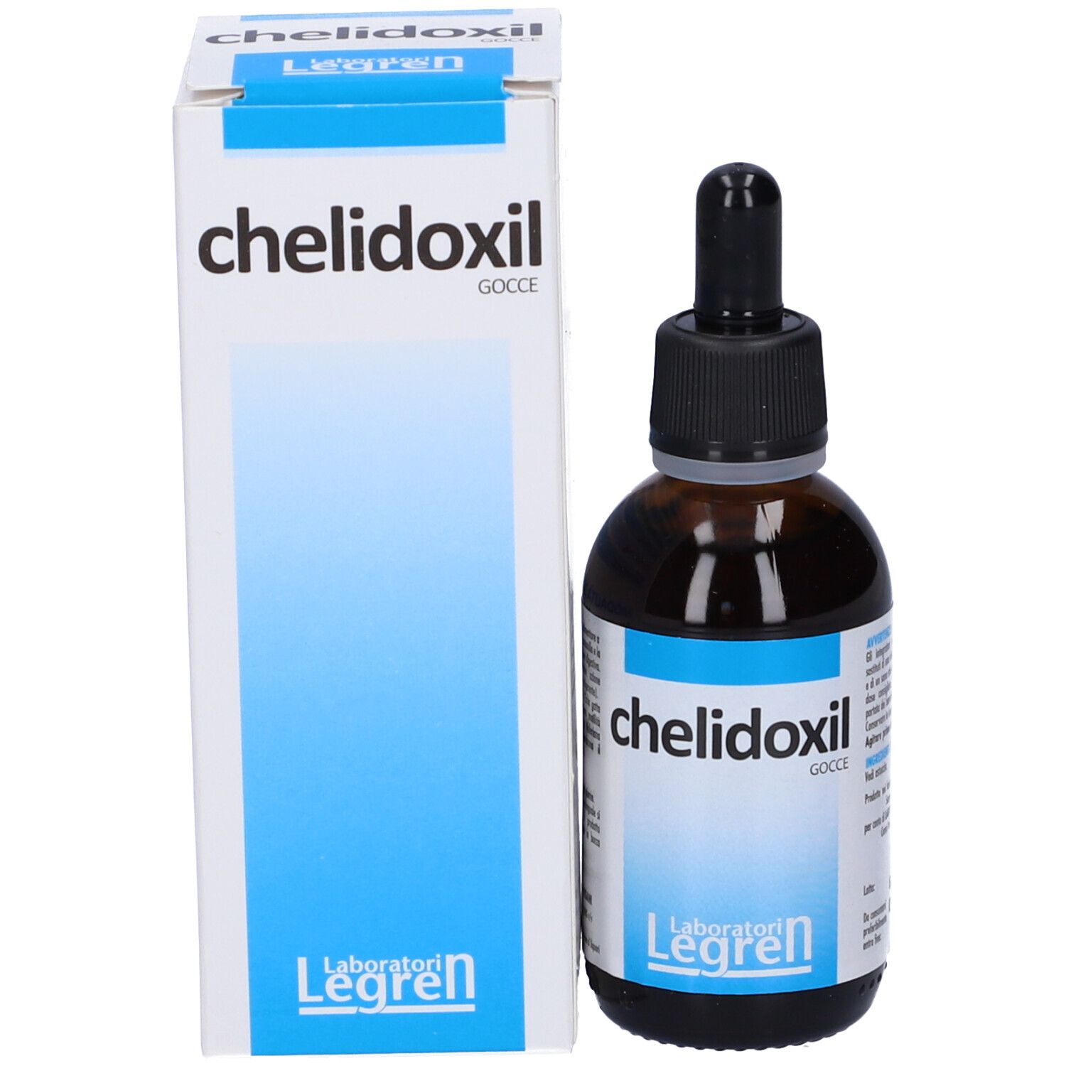 Flacone e confezione. Flacone marrone con contagocce nero. 'Chelidoxil Gocce'. Logo 'Legren'.