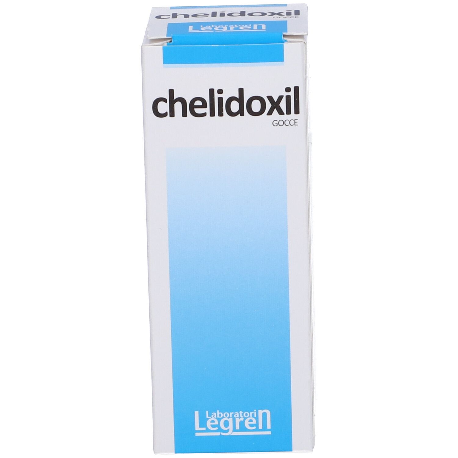Scatola di 'Chelidoxil Gocce'. Scritta bianca su sfondo blu e bianco. Logo 'Legren'.