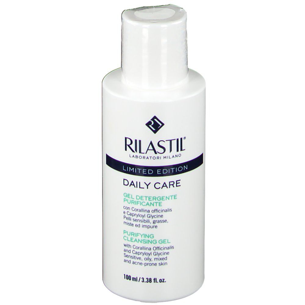 Flacone bianco con tappo bianco. Scritta: RILASTIL, Daily Care, Gel Nettoyant Purifiant. 100 ml.