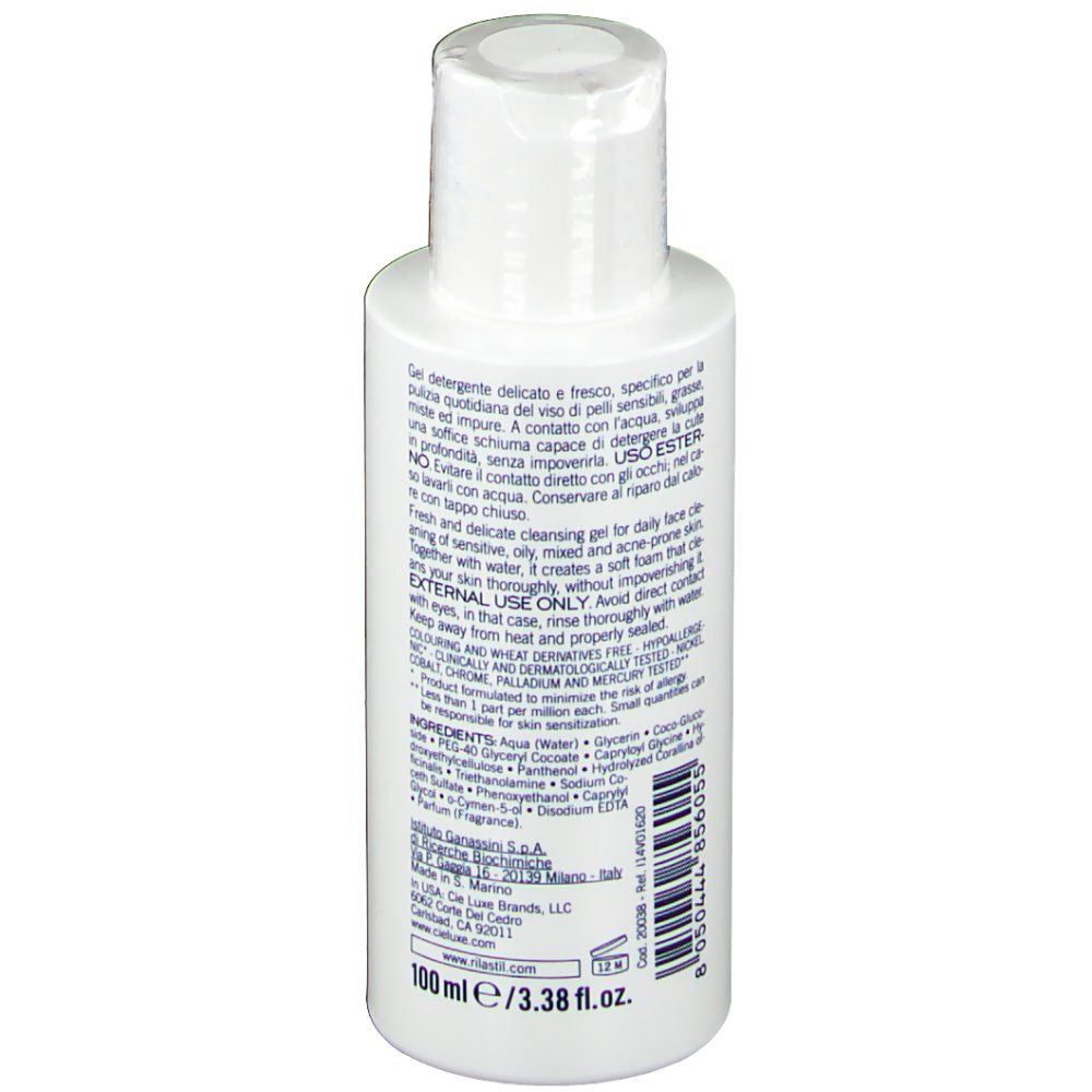 Flacone bianco con tappo bianco. Testo multilingue. 100 ml. Codice a barre.